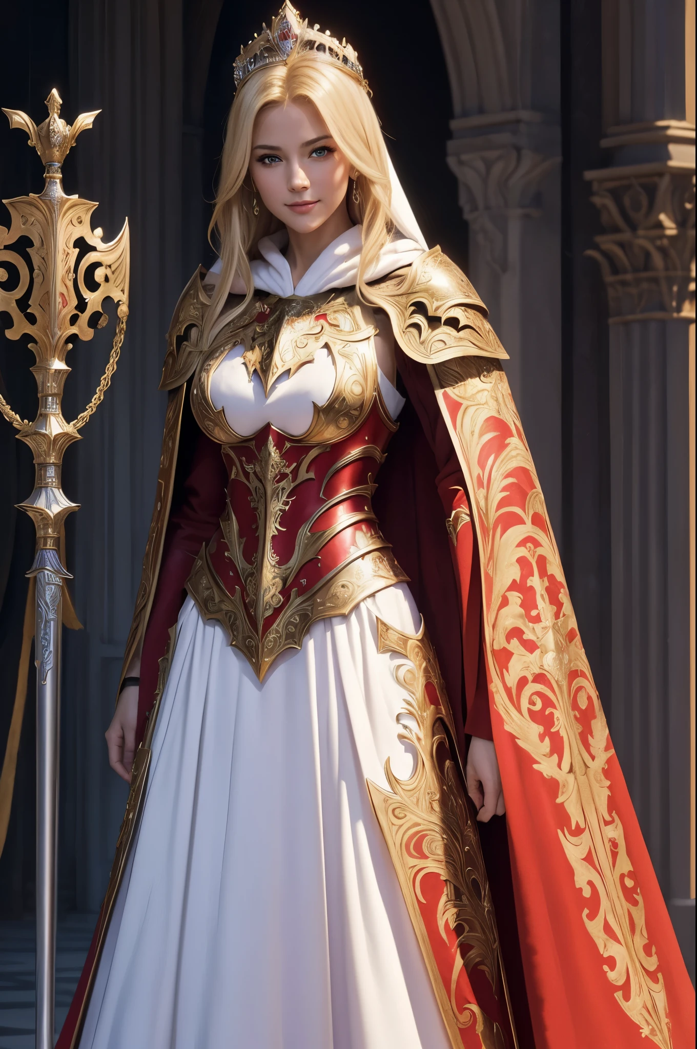 A woman in a white dress and red cape holding a sword - SeaArt AI