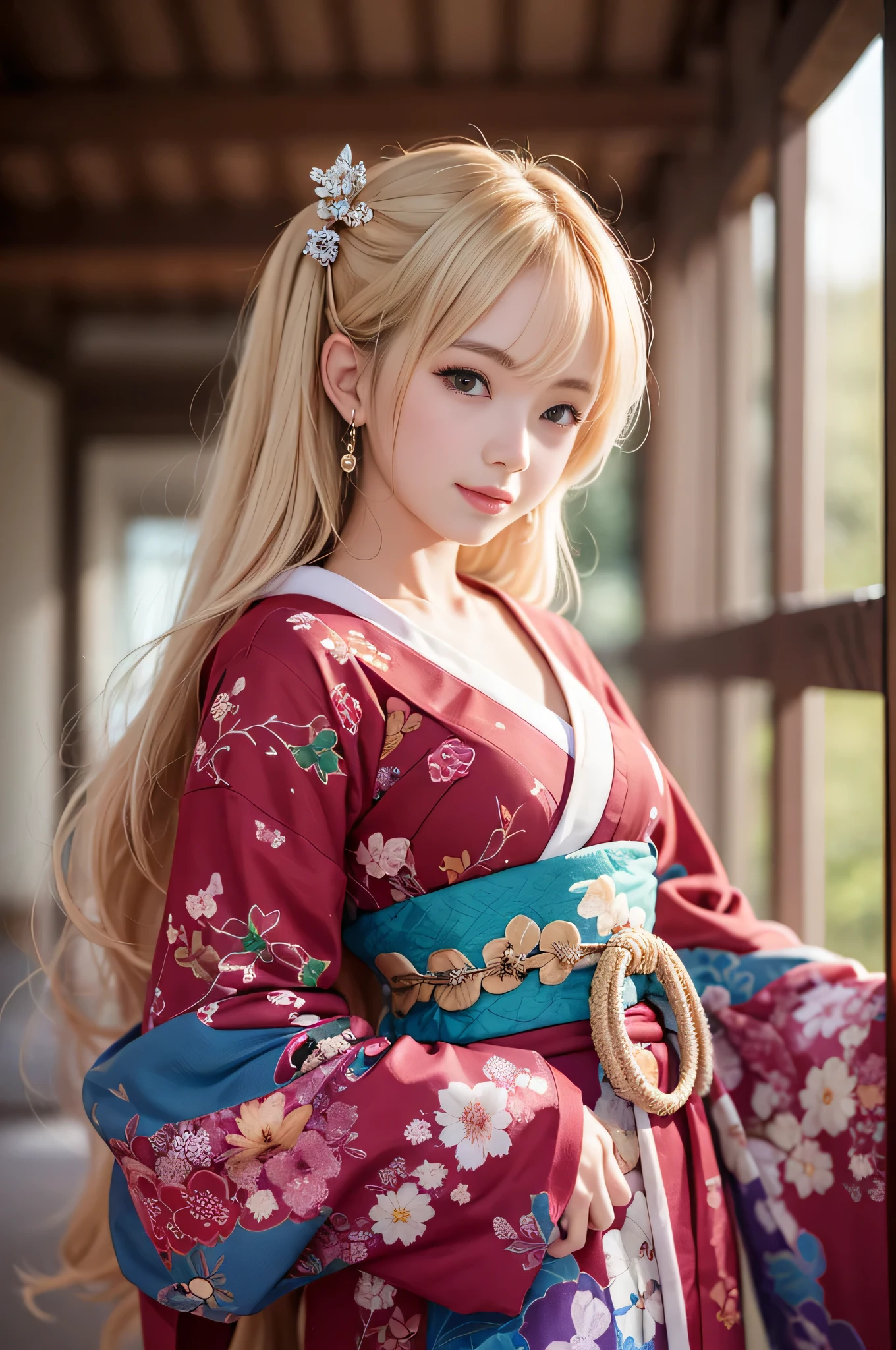 Seductive smile, pretty girl,medium breasts, masutepiece, from the front side, Blonde, Rim Light, ((Lying, on  back,)) ((花魁)), traditional Japanese room, Tatami mats, Red kimono