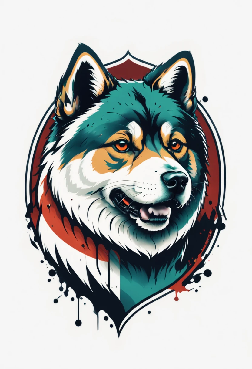 Lovecraftian American akita dog logo design,t shirt design,beefy style,design only,white background,no model,professional,high contrast,high-res,ultra-detailed,vivid colors,metallic accents,sharp focus,edgy,dynamic composition,gritty texture,rough brush strokes,mechanical elements,chrome effect,classic typography,retro style,distressed look,aggressive lines and curves,3D rendering,striking visual impact,dark shadows,strong branding presence,monochromatic palette,industrial aesthetic