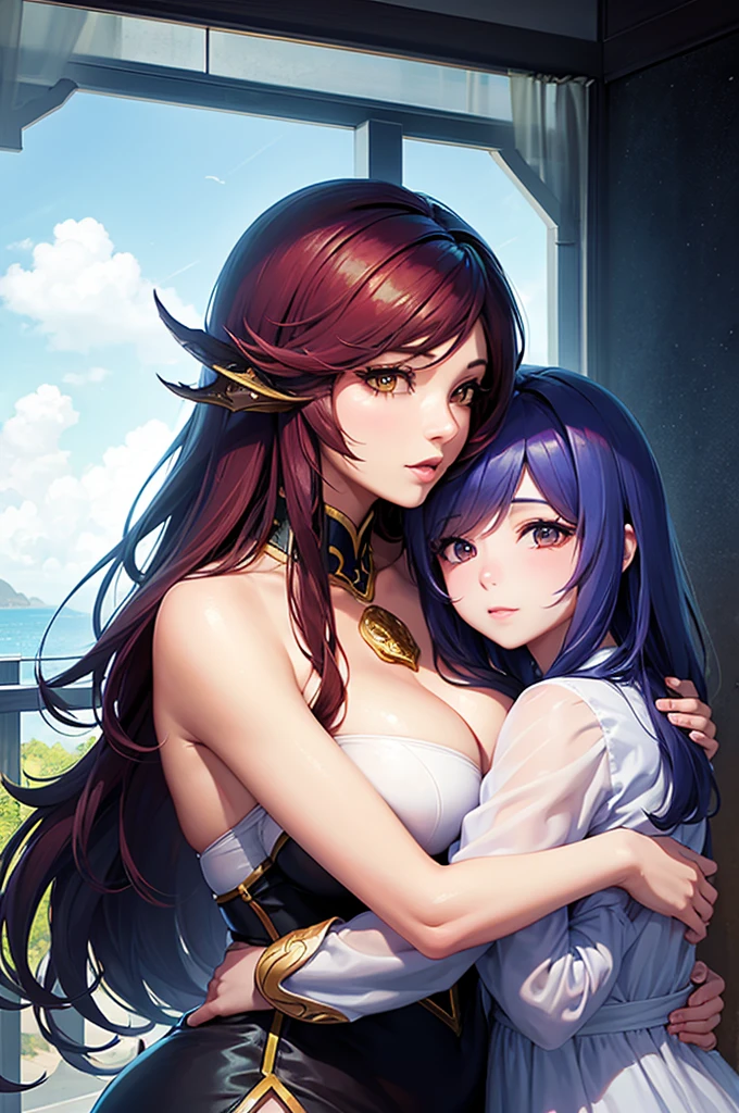 Two women hugging like mother and daughter, uma mais baixa, parecendo a ahri de League of legends, a outra mais alta, com cabelo escuro, golden horn like a dragon, dragon tailed, roupas pretas, olhos dourados, without being sexy