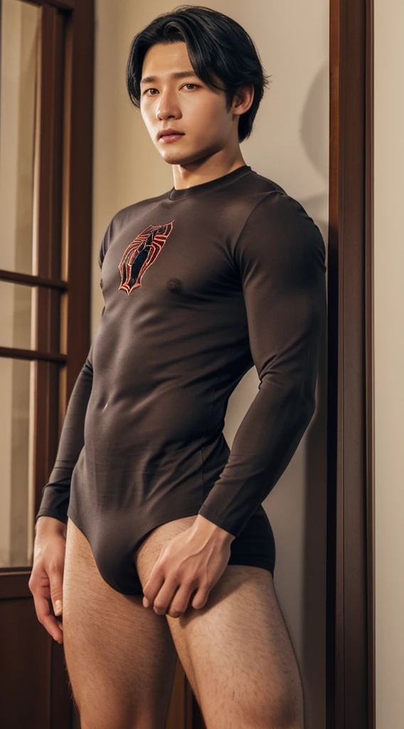 Korean man, Song Joong Ki, 18 years old, black eyes, black hair, thin lips, sharp nose, handsome face, handsome, good figure, muscular, wearing a Spiderman suit, realistic, high resolution. standing in the bedroom