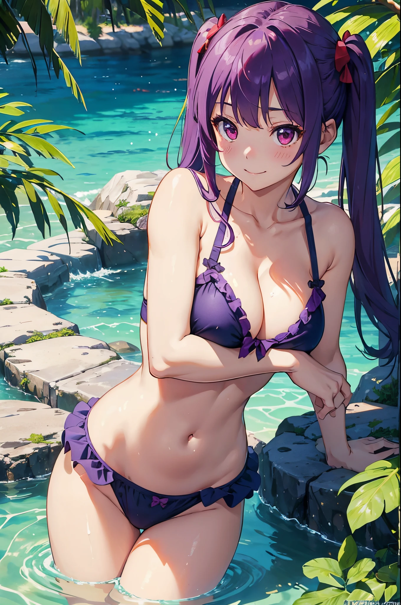 ８k、Best Quality、rays of sunshine、Midsummer beach、独奏、a beauty girl、delicated face、a smile、red eyes、Long pigtails、Purple hair、Colossal tits:1.8、cleavage of the breast、Show the armpits、Whole body immersion、bowing、