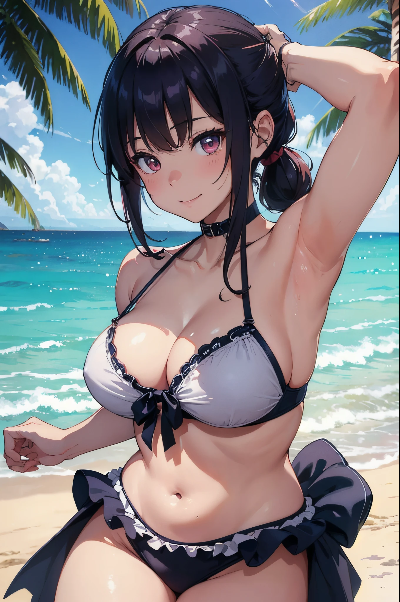 8k、Best Quality、rays of sunshine、Midsummer beach、独奏、a beauty girl、delicated face、a smile、red eyes、Long pigtails、Purple hair、Naughty swimwear、Colossal tits:1.8、cleavage of the breast、Show the armpits、Whole body immersion、bow、