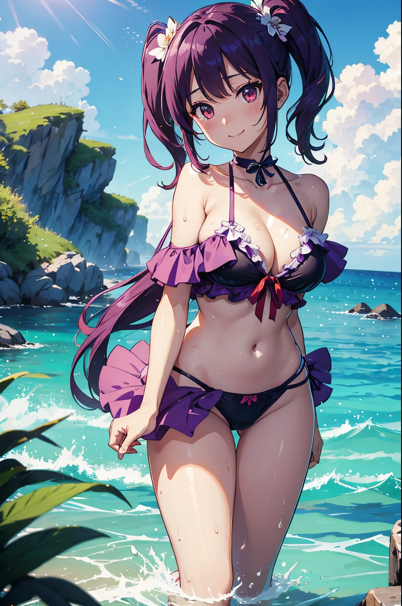 ８k、Best Quality、rays of sunshine、Midsummer beach、独奏、a beauty girl、delicated face、a smile、red eyes、Long pigtails、Purple hair、Naughty swimwear、Colossal tits:1.8、cleavage of the breast、Show the armpits、Whole body immersion、bathing in water、