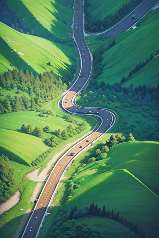 Scenery of winding road in forest, serpentine curve!!!, 4k drone photography, drone footage, aerial footage, The bird's Eye View cinestill 800t 18mm, very detailed curve, drone photography, The lines are clear and smooth, Fly over tropical forests, Still from nature documentaries, from the above, exact path, drone point of view, subtitles