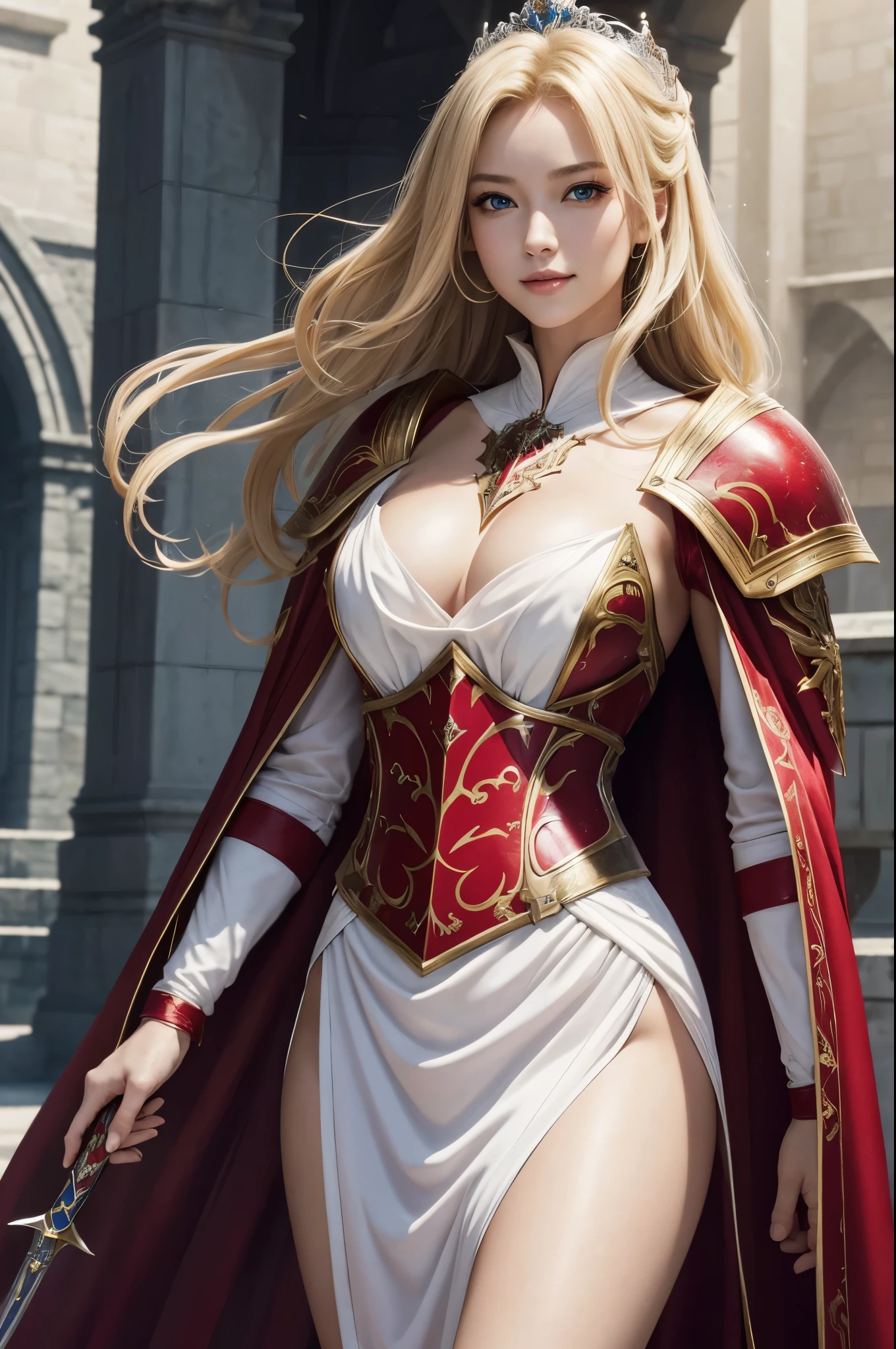 8K,Blonde girl wearing luxurious red, white and black chest armor, Super beauty(Like the real thing)real looking skin,美しいPrincess Knight,Blue eyes, Princess Knight, ((美しい幻想的なPrincess Knight)), An elegant , gorgeous princess paladin, gorgeous robes, 美しいPrincess Knight, Very beautiful princess top model,超A high resolution,Masterpiece,A hyper-realistic,Fantasyart,curacter art,cinestill 800,alluring glance,A sexy,a closeup,a smile,A sexyな衣装,Slender and muscular body,combat scene,action scene,actionpose,Equipped with a rapier on the waist,Royal coat of arms carved into the chest armor,red and white luxurious cloak,