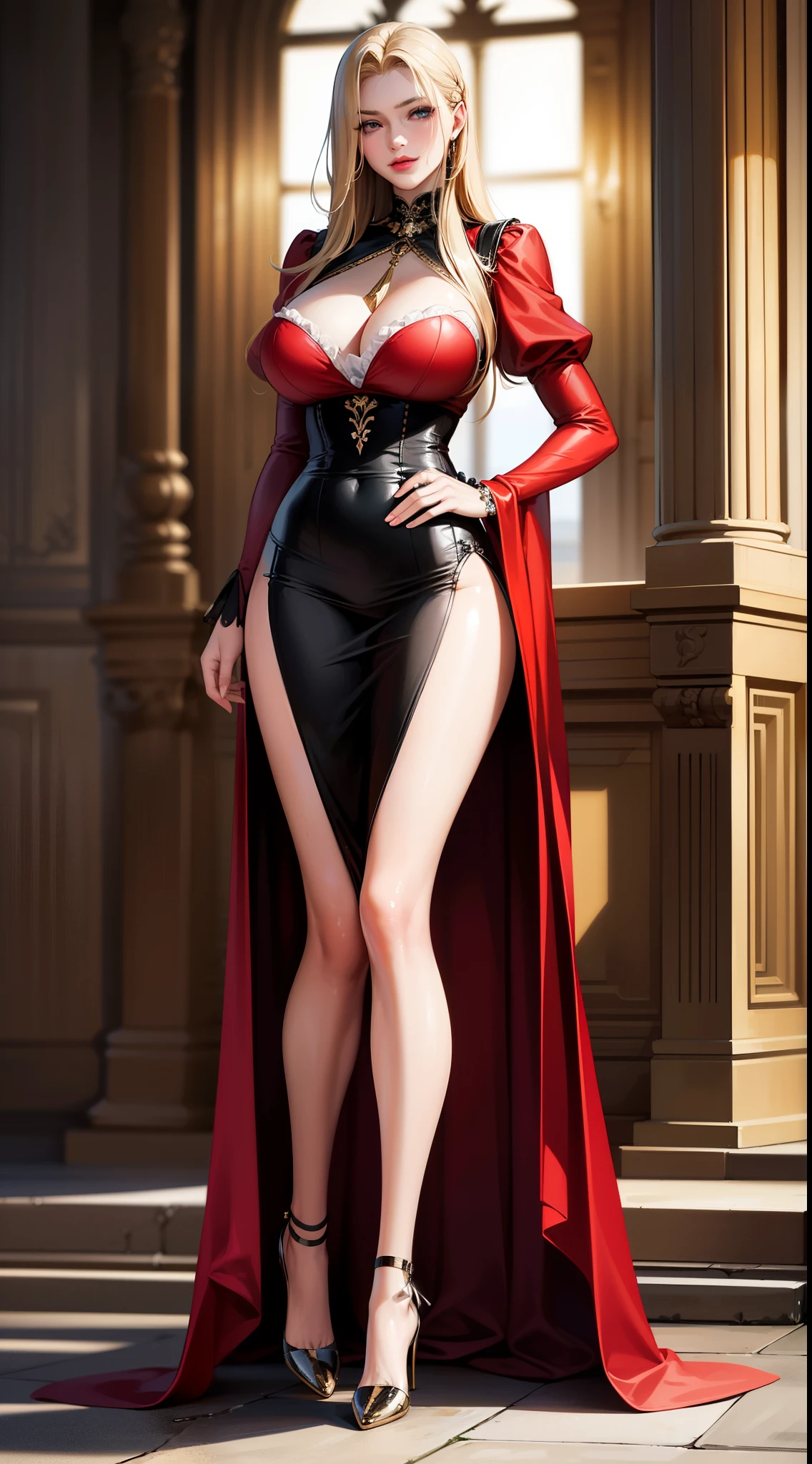 high quality fingers, normal hands, detailed fingers, masterpiece, (realistic, photo-realistic:1.37), (full body:1.5), High-end editorial-style photoshoot highlighting the beauty of a woman with blonde hair and bright blue eyes, dressed in a chic red and black corset, thin waist, seductive smile, large tits, perfect body, perfect face, (full body:1.5), set within the refined atmosphere of a Victorian ballroom. Stylish, elaborate jewelry made with expensive gems.