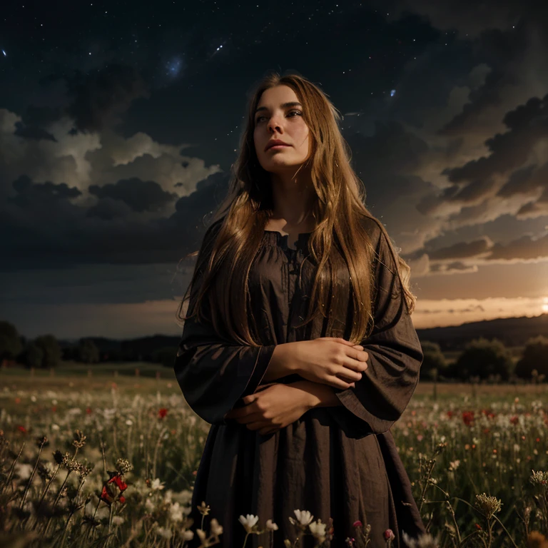 woman standing in a field of wildflowers, looking up dramatically at a cloudy night sky, hands clasped in prayer, with long wavy blond hair, wearing a long red gown, in the style of John William Waterhouse