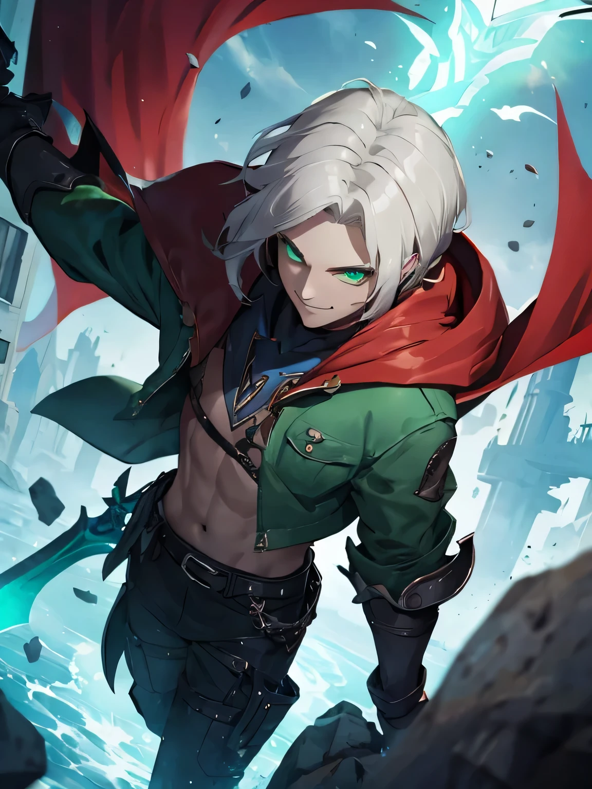 Necromancer, young man, gray hair, green eyes, total power, skinny, two swords on back, green jacket, green fog, tower, green lightning, smile, dream for life, the best quality, portrait