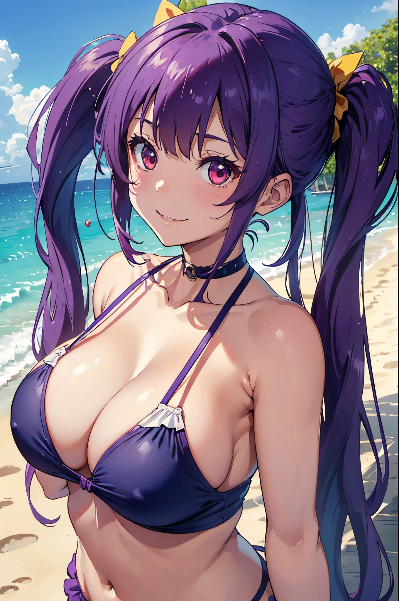 8k、Best Quality、rays of sunshine、Midsummer beach、独奏、a beauty girl、delicated face、a smile、red eyes、Long pigtails、Purple hair、Naughty swimwear、Colossal tits:1.8、cleavage of the breast、Show the armpits、Whole body immersion、Running on the beach、