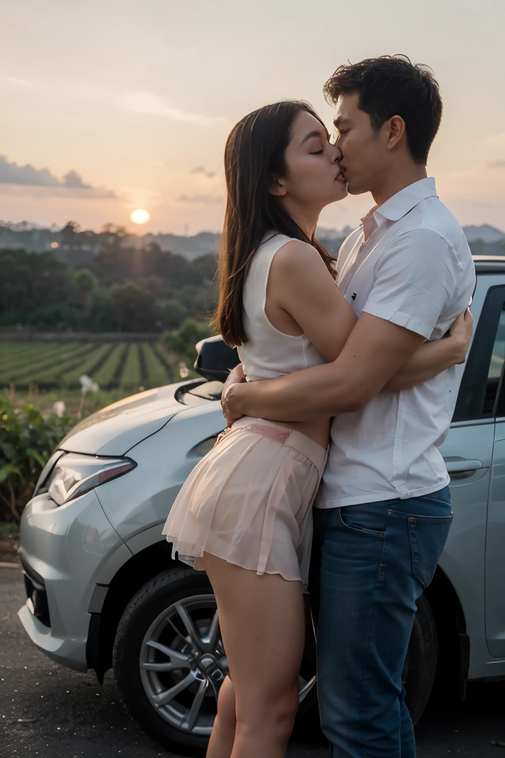 Romantic scene in sugarcane fields, sunset There was a 25-year-old Thai man wearing a straw hat, a bright red vest and jeans. 2/4 parts hugging and kissing a Thai girl She wore a very short, transparent skirt. She wore nothing underneath her skirt. She wore a transparent ultra-thin white shirt and didn&#39;t wear a shirt underneath. One of her legs was raised against his body, she was wearing bright red pointed heels. Leaning against a Honda Fit GK inspired car, the lush green vines of a rice field stretch into the distance. Under a sky that was warmly lit by the golden hues of the setting sun.