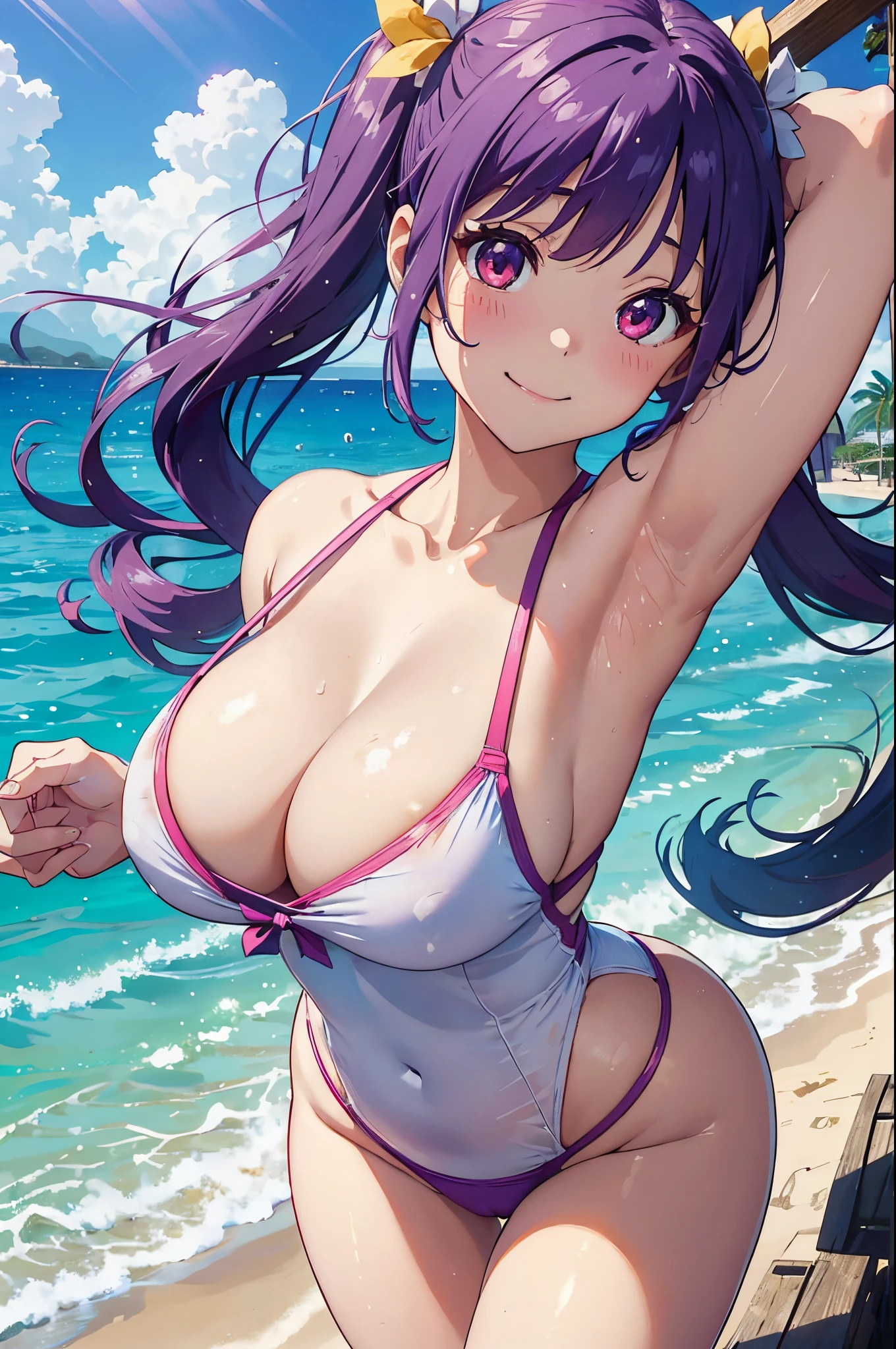8k、Best Quality、rays of sunshine、Midsummer beach、独奏、a beauty girl、delicated face、a smile、red eyes、Long pigtails、Purple hair、Naughty pure white swimsuit、Colossal tits:1.8、cleavage of the breast、Show the armpits、Whole body immersion、sexypose、