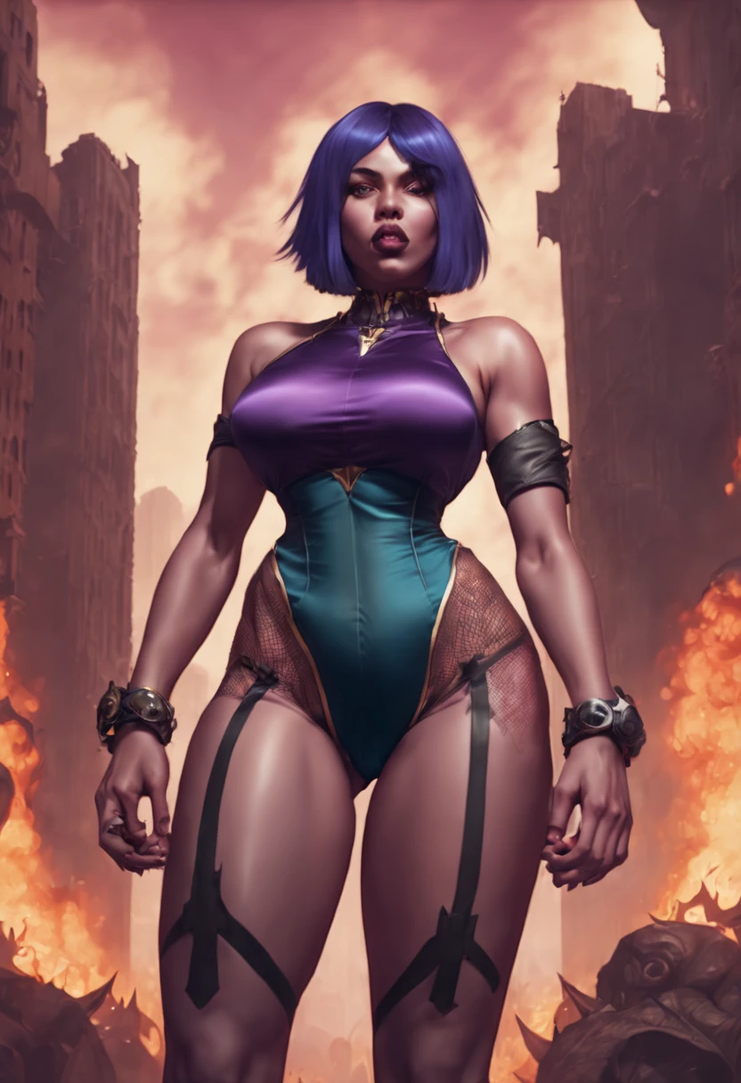 ((doom \(Legendary Quality Alliance)), ((tmasterpiece)), (Detailed pubic hair), tmasterpiece,high qulity,Best quality at best,4K,super Detailed pubic hair,4K,Focus sharp, Blue hair, (glowing) a purple eye,1个Giant Breast Girl,full bodyesbian,Purple shorts,mid-air,Crazy expression,insane face, Mad eyes, Pupil constriction, elementary student, mad smile, elementary student, psychological laughter, with her mouth open, (blasts) and fire city background,the night, darkly,