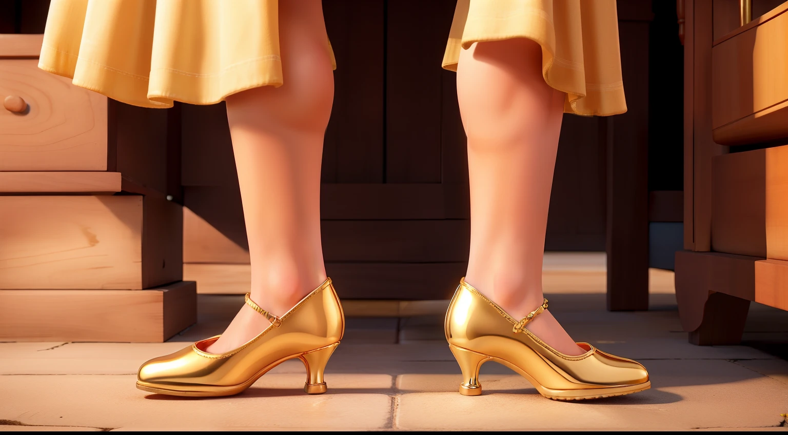 There is a close-up of a girl's foot about to enter a golden women's shoe. However, the foot cannot fit into the shoe.