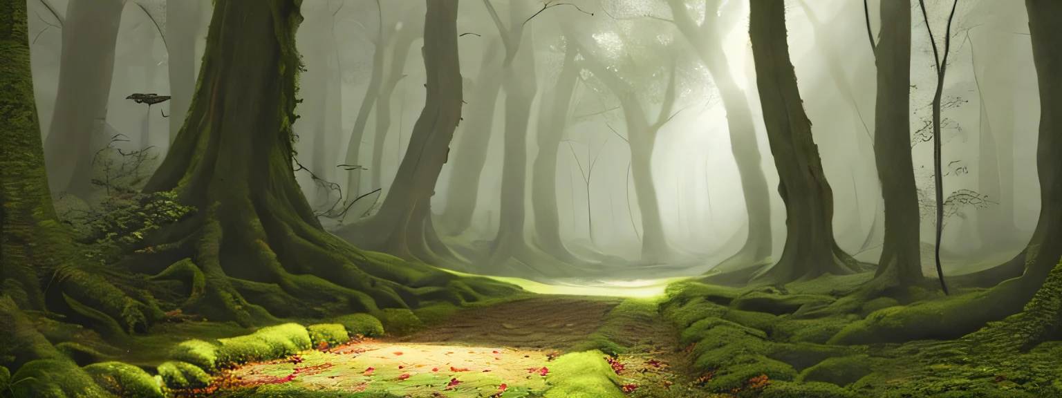 an old oak forest, misty morning, sharp and vivid colours, illustrative art, 3D rendering, exotic flowers, sprites, mosssy, an owl in the background, widescreen, no humans, a narrow cobbled path leads through the forest