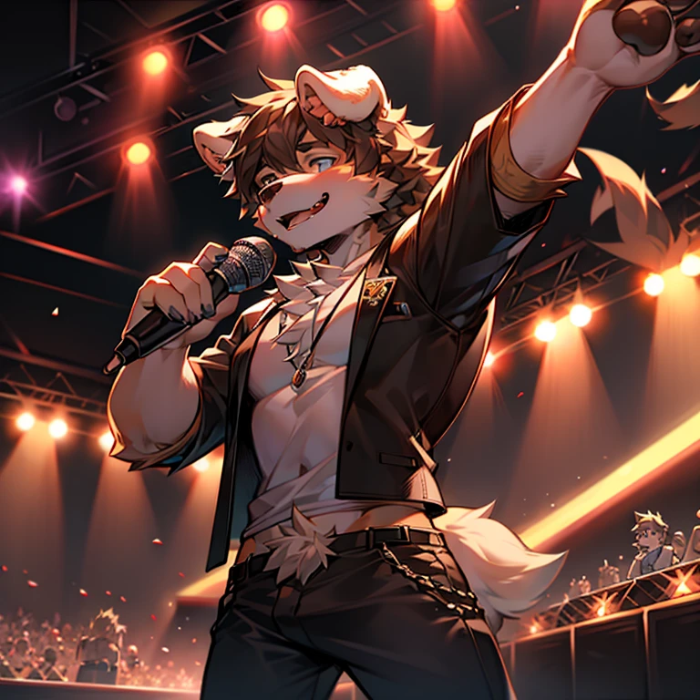 cover_page, highres, top quality, best quality, paid reward available, High-quality illustrations, unparalleled masterpiece, perfect artwork, absurdres, super high resolution, detailed background, Happy, joyful(Photos of solo travelers)(kemono, furry anthro),kemoshota, kemoshota idol, holding microphone, live, tail, on stage, dynamic angle, navel, idol costume, headset, black cat kemoshota