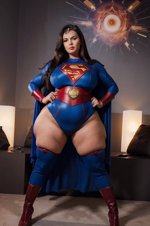 (mature superheroine bbw , full body,), hands on hips and legs apart, vagina, hypnotized, defeated,