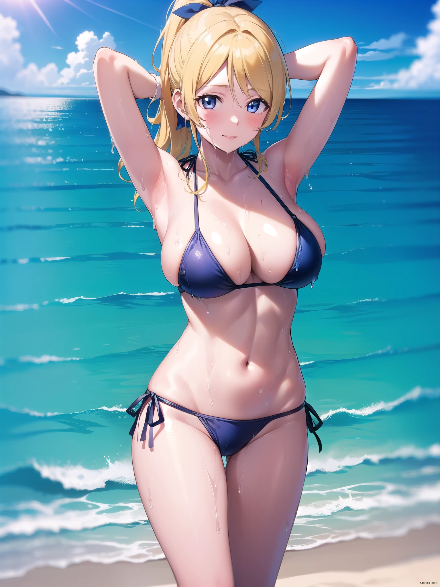 1girl, eliayase, eli ayase, yellow hair, blue eyes, ponytail, hair ribbon, (blush:1.2), smile,
BREAK (string bikini:1.3), (navy bikini:1.3), huge breasts, Naked, Exposed skin, (Wet skin:1.5), (arms behind head, armpits), standing,
BREAK (sea:1.2), (beach:1.1), (solar:1.2), morning,
BREAK looking at viewer,
BREAK (masterpiece:1.2), best quality, high resolution, unity 8k wallpaper, (illustration:0.8), (beautiful detailed eyes:1.6), extremely detailed face, perfect lighting, extremely detailed CG, (perfect hands, perfect anatomy)