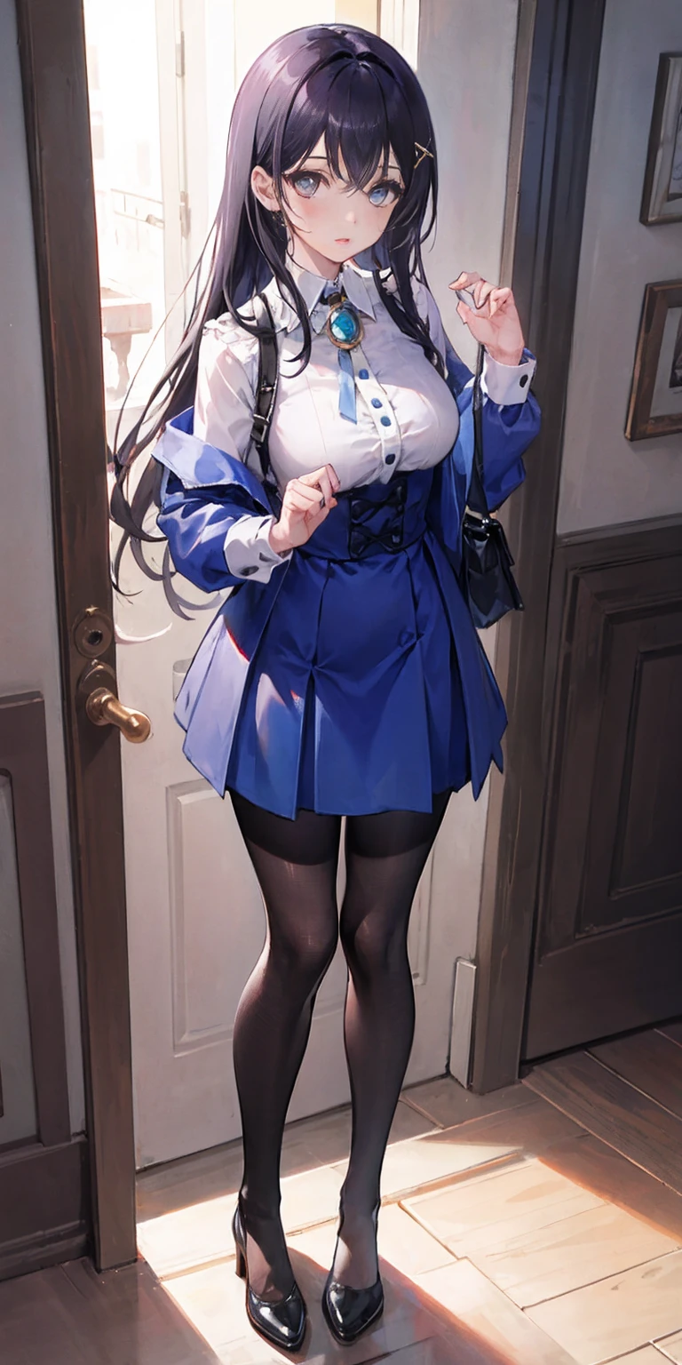 standing, straight, 1girl, looking at viewer, blue pantyhose, striped pantyhose, Handcuffs on their hands, With a collar around the neck