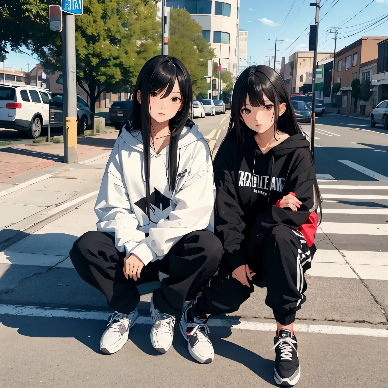 Two beautiful and cute girls, long black hair, black and white hoodie, trousers, sneakers, tall, decent, roadside, sit