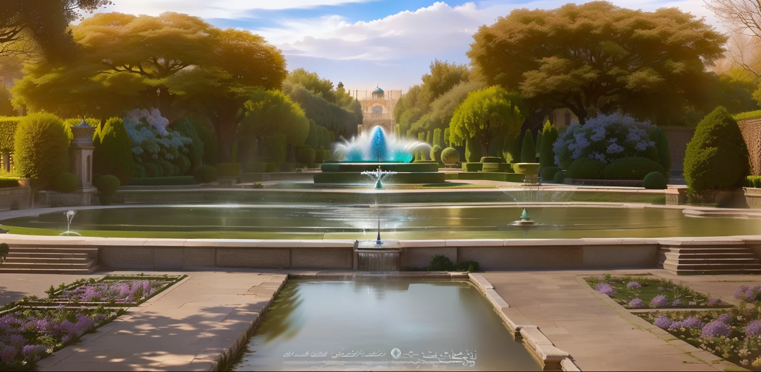 arafed view of a fountain in a park with a fountain in the middle, royal garden landscape, gardens and fountains, ( visually stunning, mesmerizing, tehran, the most beautiful landscape, iranian, beautiful eden garden, wonderful masterpiece, iran, parks and gardens, persian style architecture, beautiful place, ancient persian city, incredibly beautiful, 3 0, persian