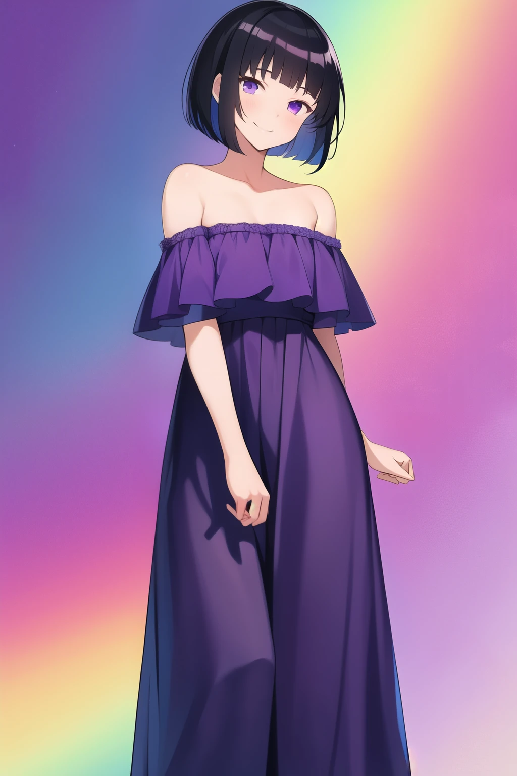 Best quality, masterpiece, ager, Hotaru Tomoe, Purple Eyes, Black Hair, Bob Hair, Bob Haircut, Smile Bare Neck, Bare Arms, Bare Shoulders, Ruffle Off-the-Shoulder Top, purple Strapless Dress, purple Dress, Long maxi dress, Abstract Background, standing ,