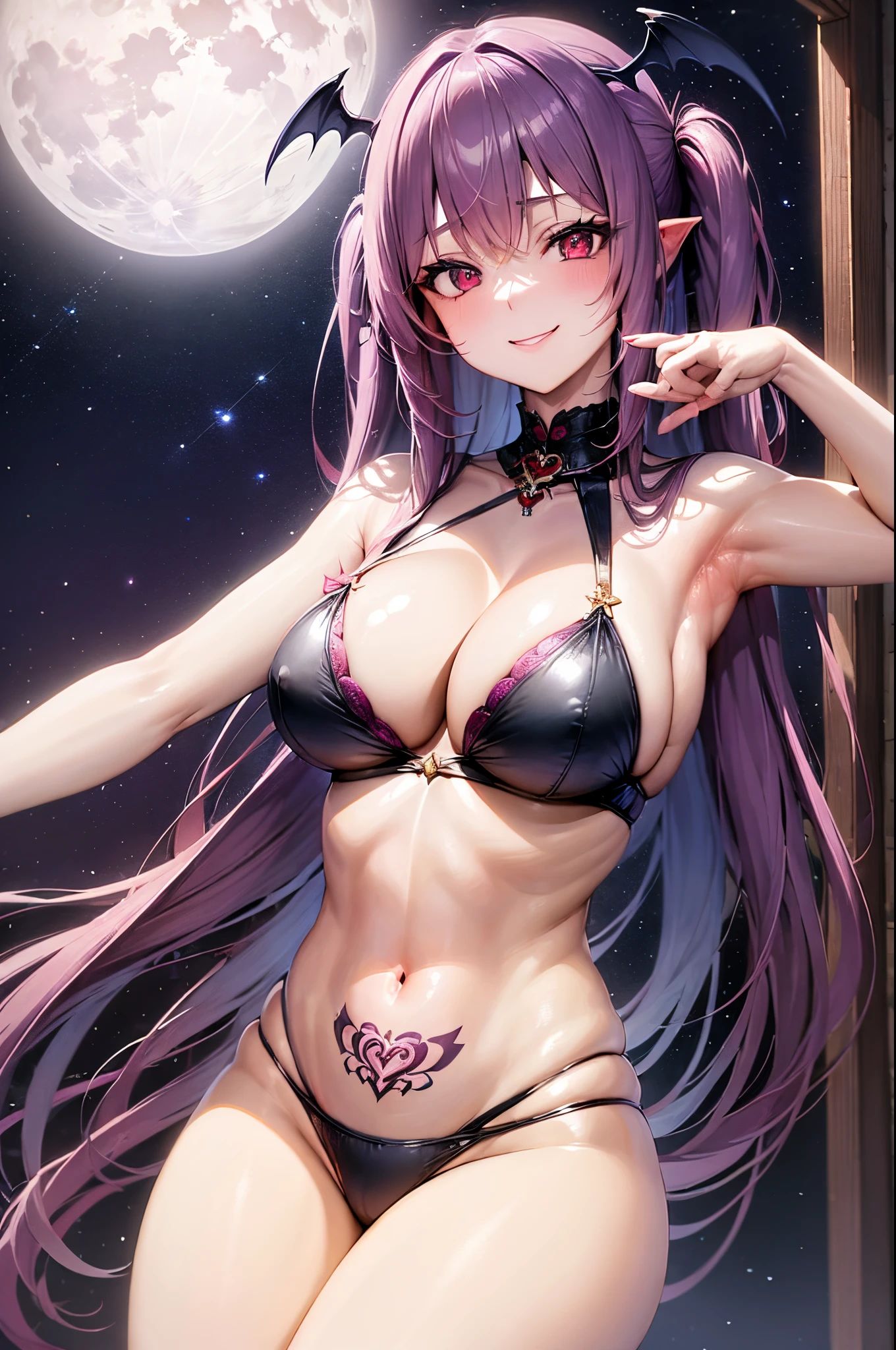 8k、Best Quality、Full Moon Night、独奏、a beauty girl、delicated face、a smile、red eyes、Long pigtails、Purple hair、succubus、Colossal tits:1.8、cleavage of the breast、Show the armpits、sexypose、Tattoo on the lower abdomen、Devil's wings are growing,Naughty underwear、