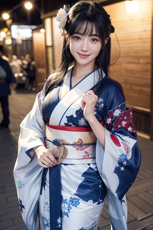 (masterpiece), best quality, expressive eyes, perfect face, 1girl, medium dark blue hair, staright hair, wearing kimono with snowflake prints, smiling, happy, kimono, sash, obi, Dramatic lighting, full body shot