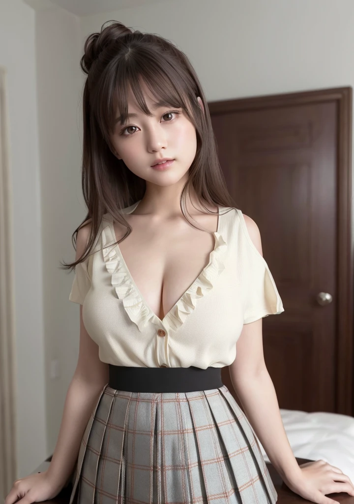 Nipples are visible、(realisitic、Photorealsitic:1.37)、((large full breasts、the head is small))、Smile、(cleavage of the breast:1.2)、(the perfect body:1.1)、(short wavy hair:1.2)、reddish brown hair、(ultra-detailliertな顔:1.3)、FULL BODYSHOT、Mileland、white  shirt、(Unbutton your shirt to your chest:1.2)、Wearing a knitted coat、((High waist plaid pleated skirt))、(Highly detailed CG 8K wallpaper)、(extremely delicate and beautiful)、(​masterpiece)、(top-quality)、(超A high resolution)、beautiful  lighting、Very young girl、realisiticな影、[Top resolution]、Detailed skin、ultra-detailliert