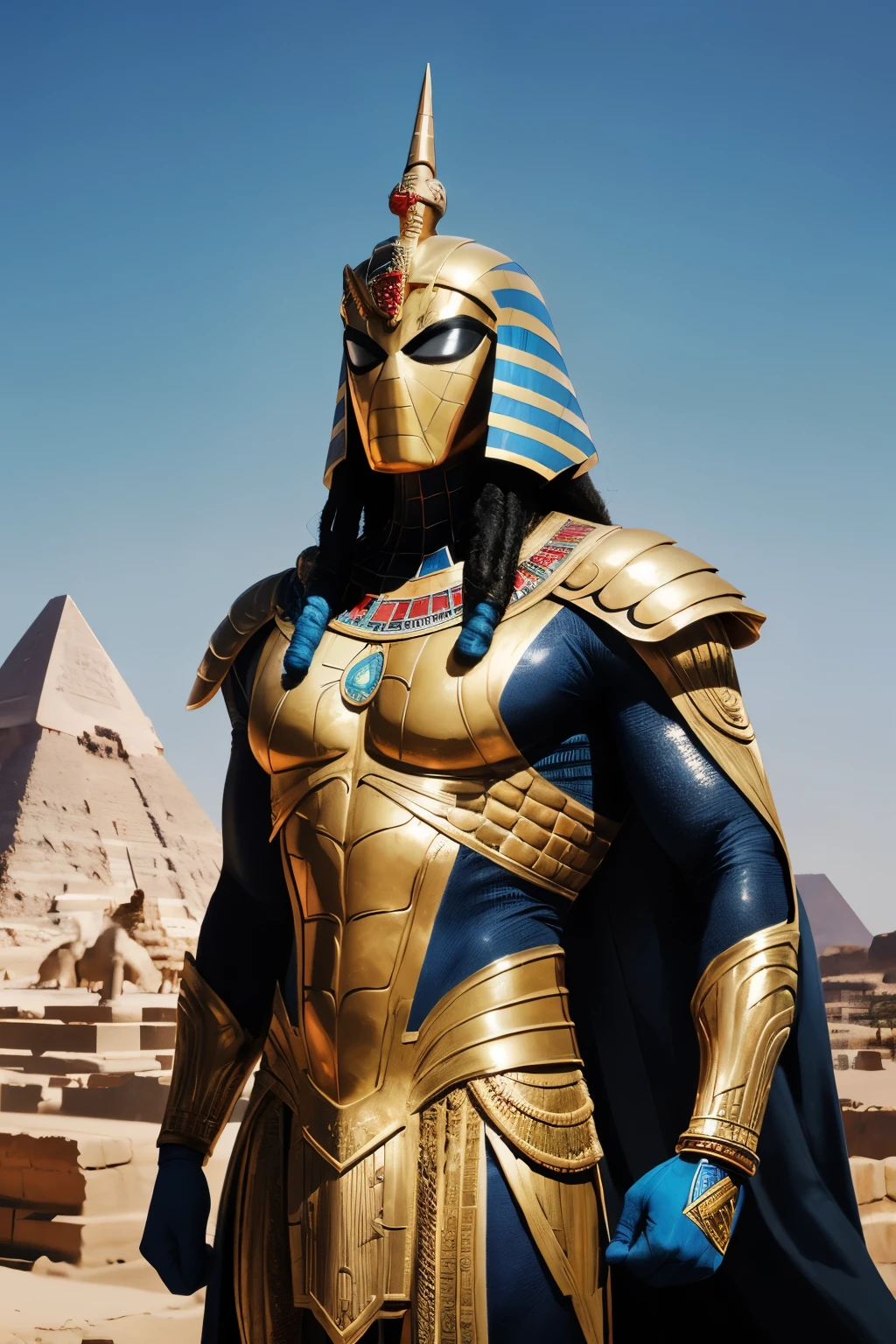 An intriguing fusion of Ancient Egyptian mythology and the iconic superhero Spiderman. The central figure is the god Horus, depicted in a red and gold suit that resembles Spiderman's traditional costume. However, Horus's helmet is replaced with the distinctive double crown of Upper and Lower Egypt, symbolizing his divine power and status as a protector. The suit is adorned with intricate gold and red hieroglyphics, representing ancient Egyptian symbols of strength, protection, and royalty. The background features an otherworldly landscape, reminiscent of the Egyptian afterlife, with towering pyramids and sphinxes in the distance. Horus stands confidently in a heroic pose, ready to defend the realm from any threat. His red and gold cobweb shooters, fashioned after traditional Egyptian jewelry, hang elegantly from his sides, emphasizing his unique blend of superhero and godly attributes. The portrait shot captures the essence of this unique character, highlighting the intricate details of his costume and the vibrant colors that bring the image to life., d&d, fantasy, highly detailed, digital painting, artstation, sharp focus, fantasy art, illustration, 8k, in the style of greg rutkowski