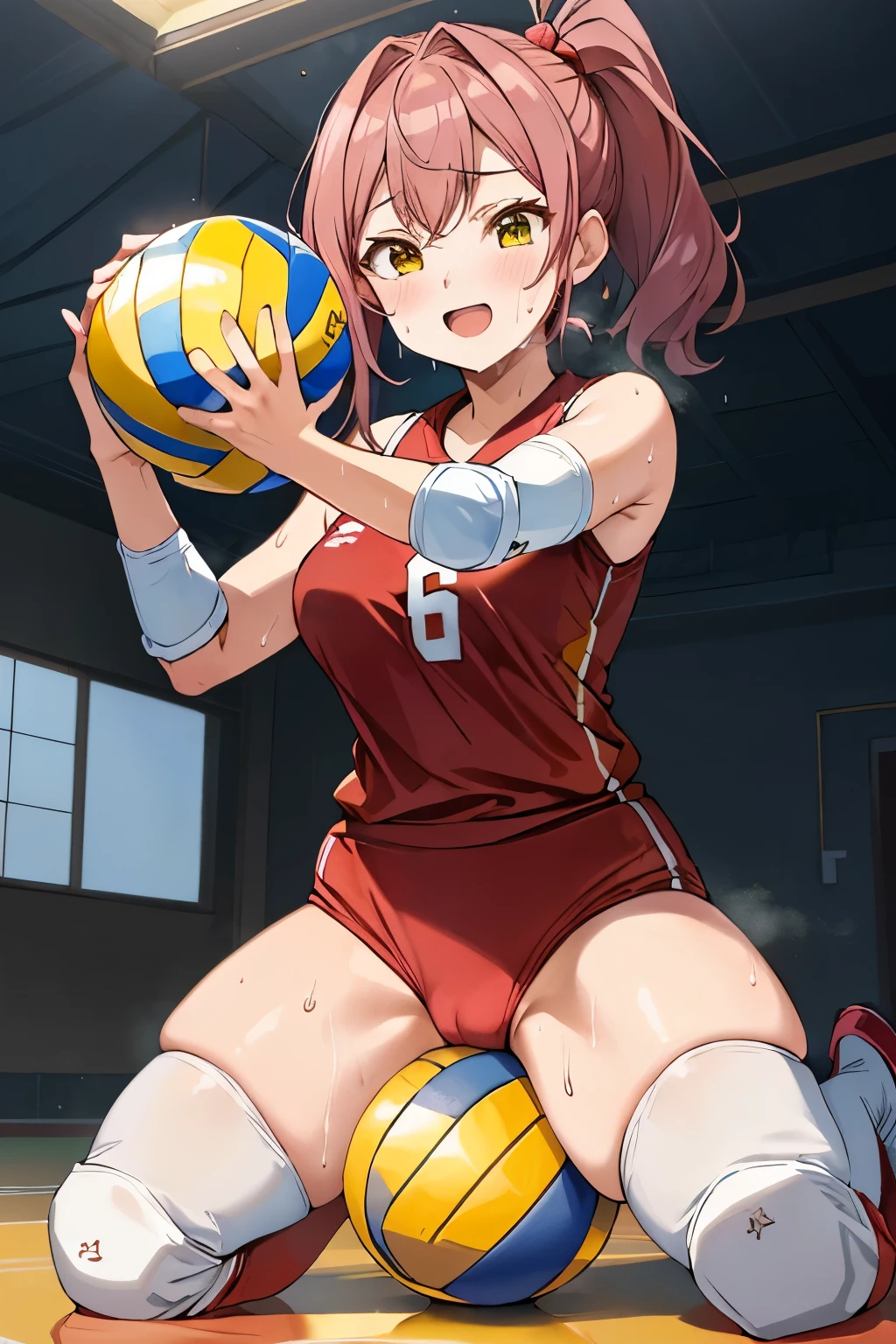 unity 8k wallpaper, anatomically correct, (((masterpiece))), (((best quality))), (((ultra detailed))), (((high-resolution))), ((super fine illustration)), ((Ultimate cutie)), ((perfect hands)), ((perfect finger)), (((good anatomy))), detailed beautiful face, shiny hair, (((gyaru))), (potbelly), (curvy), medium breasts, ((Thick thighs)), (((solo))), ((seductive smile)), (((blush))), ((half open mouth)), ((yellow spherical shape 6-inch volleyball)),
BREAK, (((sit astride the spherical shape 6-inch volleyball))), (((straddling on the spherical shape 6-inch volleyball))), (((Put crotch right the spherical shape 6-inch volleyball))),
BREAK, (((Rub the spherical shape 6-inch volleyball against crotch)))),
BREAK, (Volleyball Uniform), sleeveless volleyball uniform, (((red buruma))), ((kneepad)), (elbow pad), (((sweat))), (((covered in sweat))), ((deep breathing)), in Volleyball Court, indoor, lighting, looking at viewer, full body, (spoken heart)