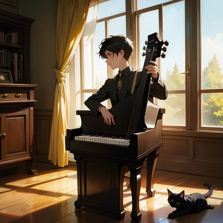 Literary youth,18 years old Sunlight enters the room through the glass window,There is a guitar and piano in the room,A black cat on a boy's shoulder