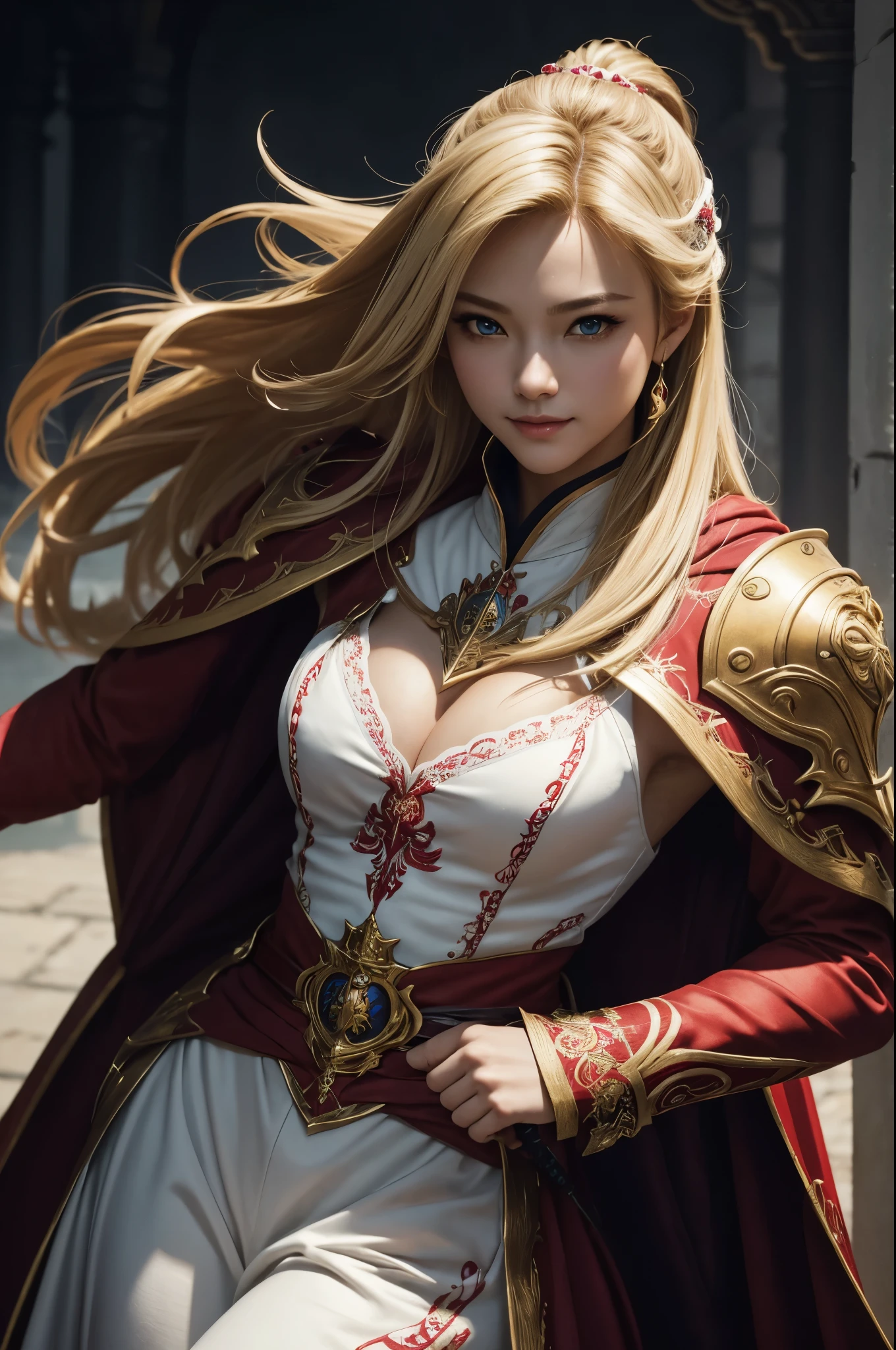8K,Blonde girl wearing luxurious red, white and black chest armor, Super beauty(Like the real thing)real looking skin,美しいPrincess Knight,Blue eyes, Princess Knight, ((美しい幻想的なPrincess Knight)), An elegant , gorgeous princess paladin, 美しいPrincess Knight,超A high resolution,Masterpiece,A hyper-realistic,Fantasyart,curacter art,cinestill 800,alluring glance,A sexy,a closeup,a smile,A sexyな胸鎧,細くwell-muscledな身体,combat scene,action scene,actionpose,Equipped with a rapier on the waist,Royal coat of arms carved into the chest armor,red and white luxurious cloak,Fight enemies,slender body,well-muscled,Luxurious red pants(Golden embroidery),tiny chest,