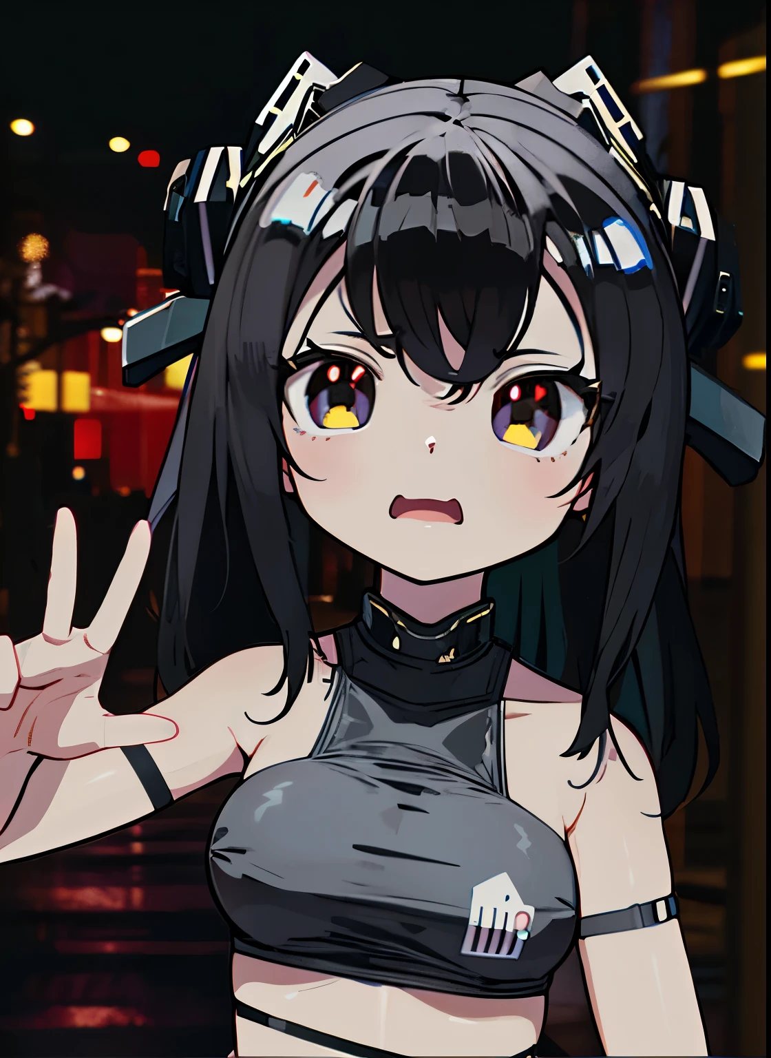 Chica anime con gafas y un top negro en un garaje., vrchat, colas gemelas blancas_Guantes, with index finger, Anime style. 8k, 8k!!, e-chica, E - Chica, Anime styled 3d, 8k!, SSAO 8 K, neosvr!!!, nanogirlv 2, Render de una linda chica de anime 3D