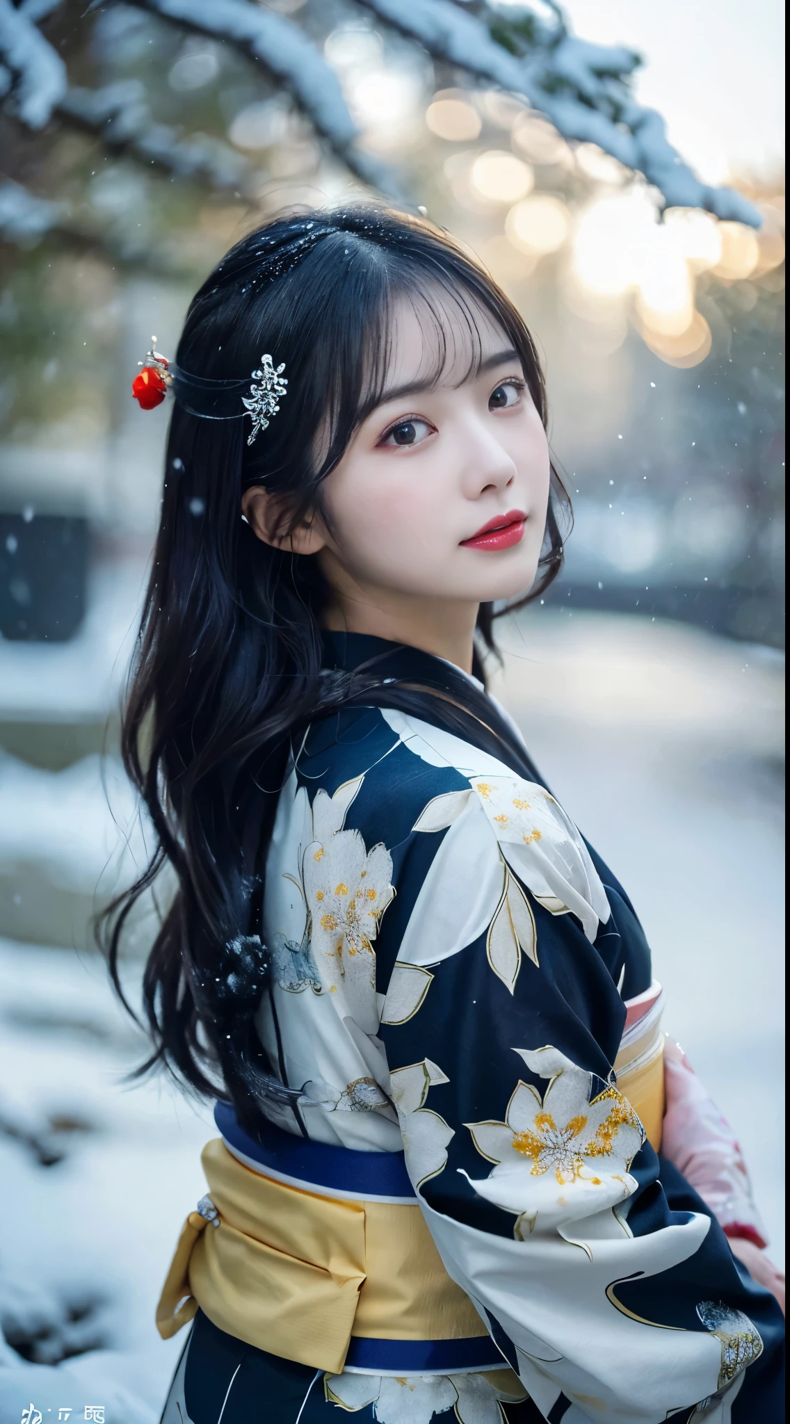 (Kimono)、、(top-quality,masterpiece:1.3,超A high resolution,),(ultra-detailliert,Caustics),(Photorealsitic:1.4,RAW shooting,)Ultra-realistic capture,A highly detailed,high-definition16Kfor human skin、 Skin texture is natural、、The skin looks healthy with an even tone, đùi, Use natural light and color,One Woman,japanes,,kawaii,A dark-haired,Middle hair,(depth of fields、chromatic abberation、、Wide range of lighting、Natural Shading、)、、(Falling snow:1.2)、(Hair swaying in the wind:1.2)、(Snow reflects light:1.2)、back lighting