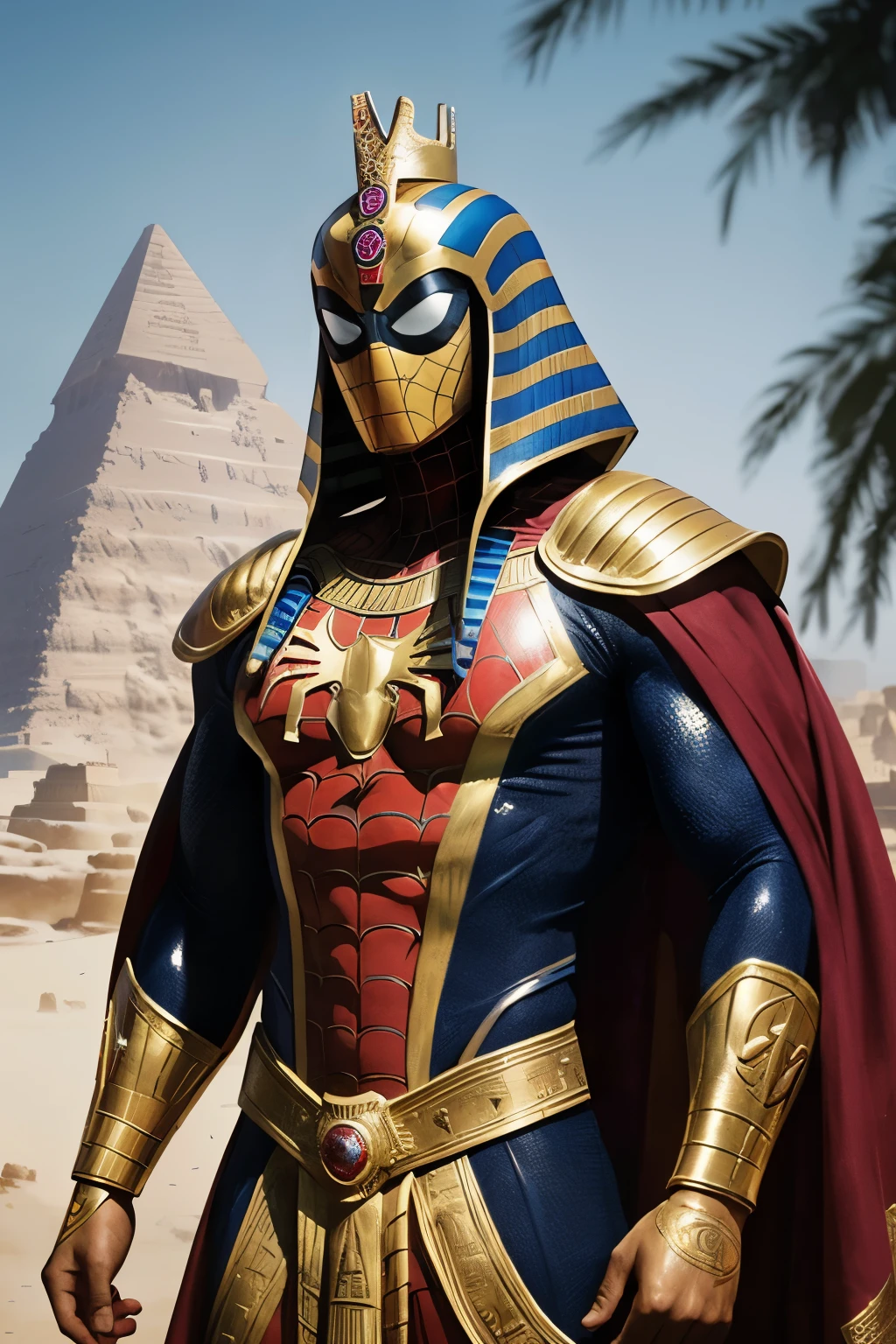 An intriguing fusion of Ancient Egyptian mythology and the iconic superhero Spiderman. The central figure is the god Horus, depicted in a red and gold suit that resembles Spiderman's traditional costume. However, Horus's helmet is replaced with the distinctive double crown of Upper and Lower Egypt, symbolizing his divine power and status as a protector. The suit is adorned with intricate gold and red hieroglyphics, representing ancient Egyptian symbols of strength, protection, and royalty. The background features an otherworldly landscape, reminiscent of the Egyptian afterlife, with towering pyramids and sphinxes in the distance. Horus stands confidently in a heroic pose, ready to defend the realm from any threat. His red and gold cobweb shooters, fashioned after traditional Egyptian jewelry, hang elegantly from his sides, emphasizing his unique blend of superhero and godly attributes. The portrait shot captures the essence of this unique character, highlighting the intricate details of his costume and the vibrant colors that bring the image to life., d&d, fantasy, highly detailed, digital painting, artstation, sharp focus, fantasy art, illustration, 8k, in the style of greg rutkowski