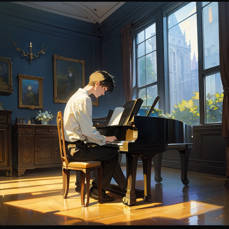 Young men in literature and art,18 years old Sunlight enters the room through the glass window,There is a guitar and piano in the room,A black cat on a boy's shoulder,Van Gogh's Starry Night hanging on the wall