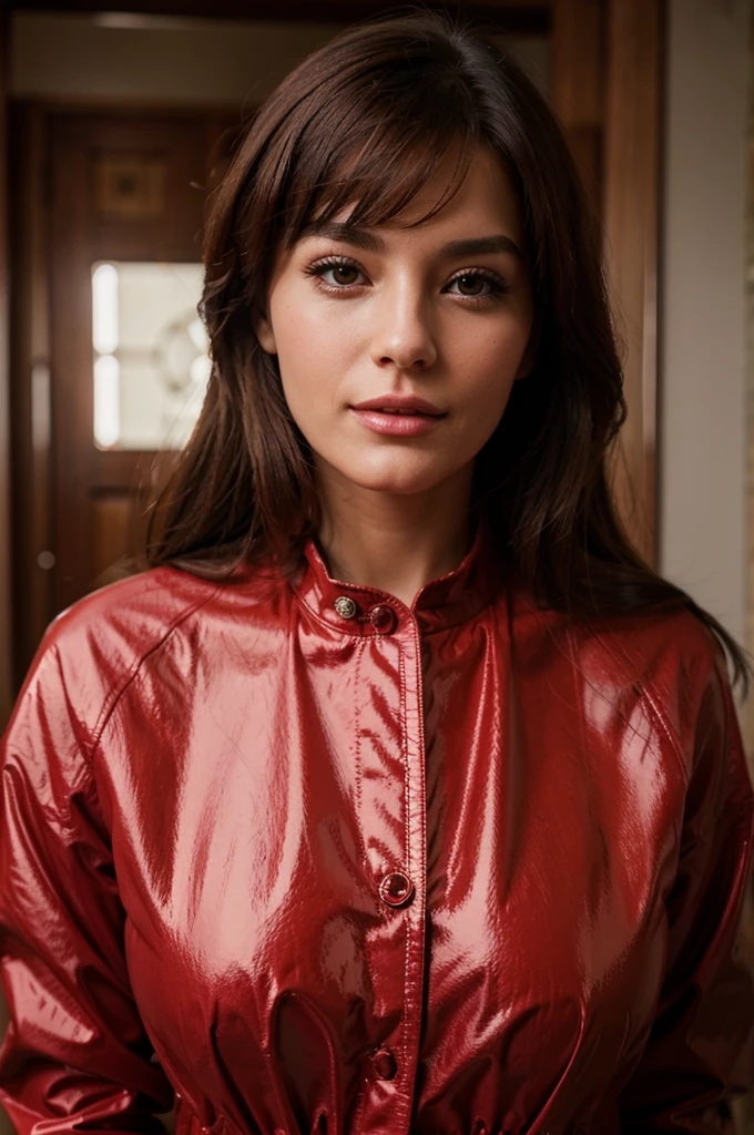50 year woman, buttoned shiny red jacket, photorealistic beautiful face