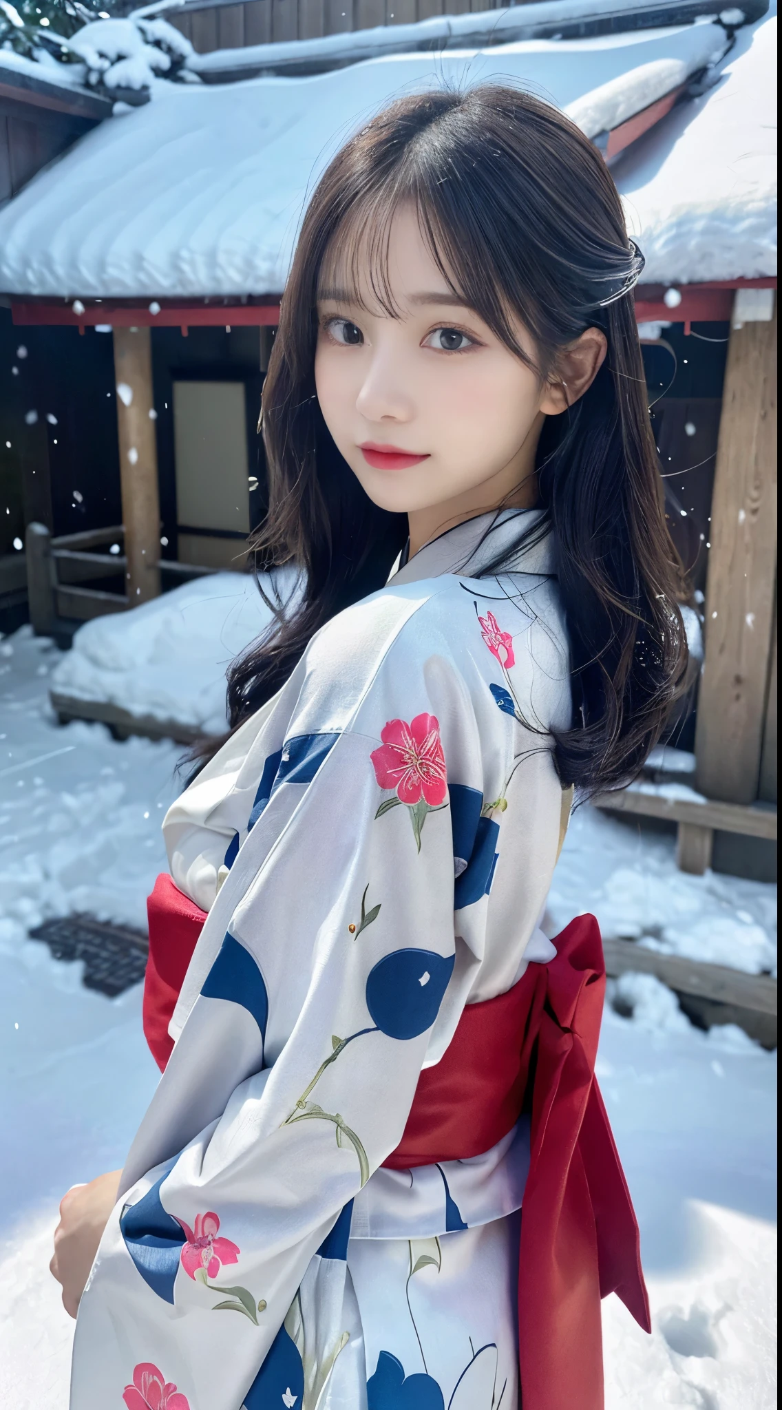 (Kimono)、、(top-quality,masterpiece:1.3,超A high resolution,),(ultra-detailliert,Caustics),(Photorealsitic:1.4,RAW shooting,)Ultra-realistic capture,A highly detailed,high-definition16Kfor human skin、 Skin texture is natural、、The skin looks healthy with an even tone, đùi, Use natural light and color,One Woman,japanes,,kawaii,A dark-haired,Middle hair,(depth of fields、chromatic abberation、、Wide range of lighting、Natural Shading、)、、(Falling snow:1.2)、(Hair swaying in the wind:1.2)、(Snow reflects light:1.2)、back lighting