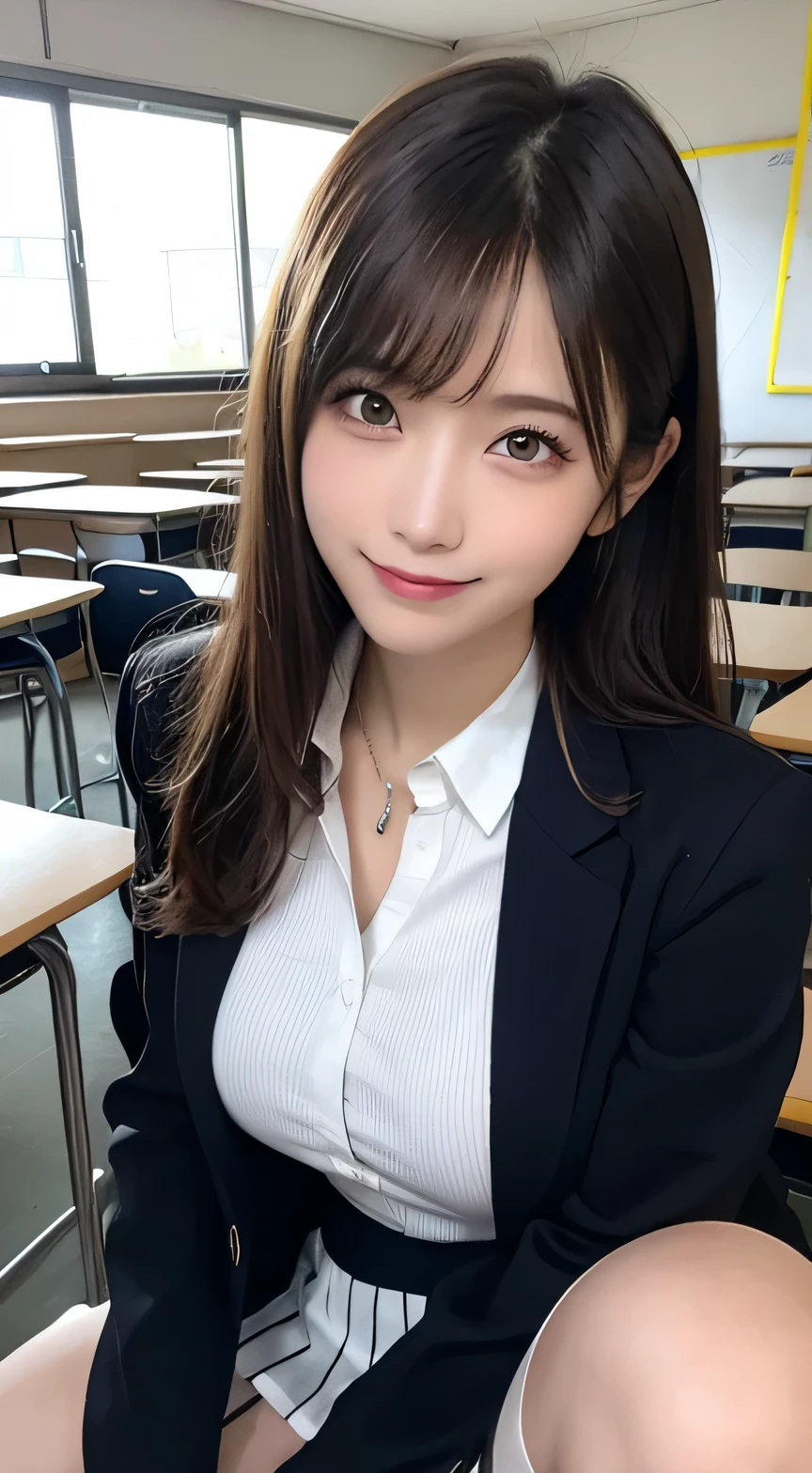 masutepiece, Best Quality, Illustration, Ultra-detailed, finely detail, hight resolution, 8K Wallpaper, Perfect dynamic composition, Beautiful detailed eyes, ,Medium Hair, Big breasts, Natural Color Lip, Random and sexy poses,Smile、20 years girl、　After-school classroom、　high school giller suit、a miniskirt、Loose socks、