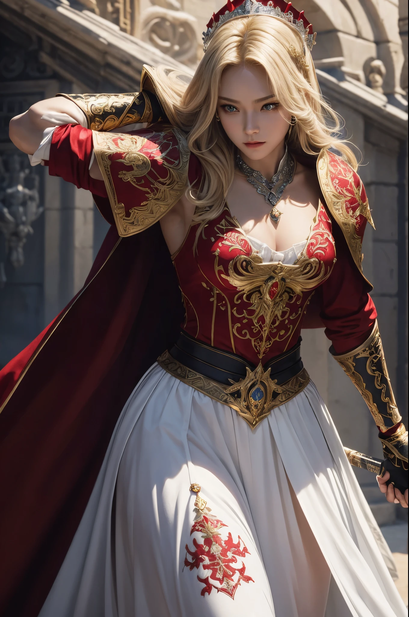8K,Blonde girl wearing luxurious red, white and black chest armor, Super beauty(Like the real thing)real looking skin,美しいPrincess Knight,Blue eyes, Princess Knight, ((美しい幻想的なPrincess Knight)), An elegant , gorgeous princess paladin, 美しいPrincess Knight,超A high resolution,Masterpiece,A hyper-realistic,Fantasyart,curacter art,cinestill 800,alluring glance,A sexy,a closeup,A sexyな胸鎧,細くwell-muscledな身体,combat scene,action scene,actionpose,Equipped with a rapier on the waist,Royal coat of arms carved into the chest armor,red and white luxurious cloak,Fight enemies,slender body,well-muscled,gorgeous red and black pants(Golden embroidery),tiny chest,Juvenile look,Rugged look,