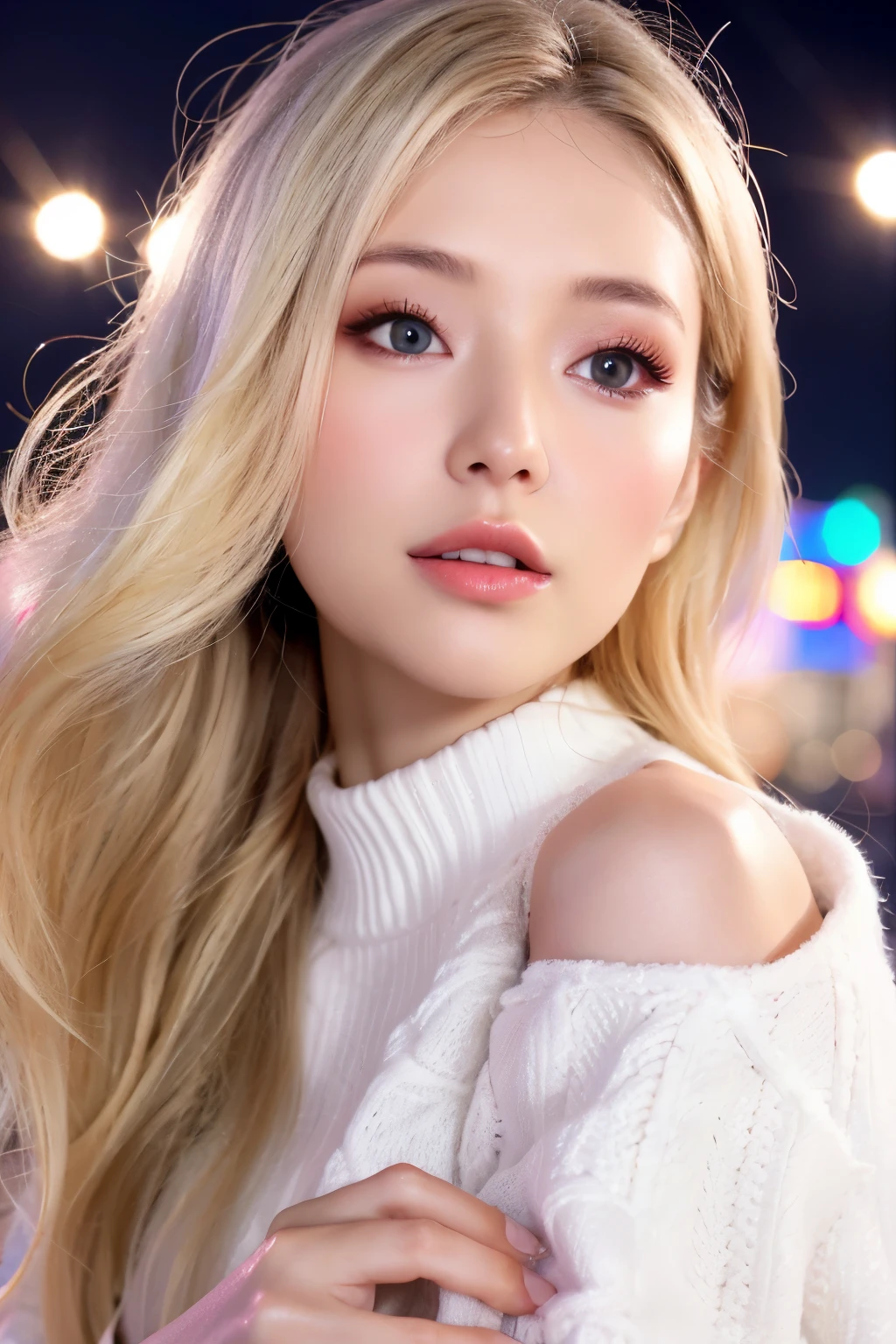 has white skin。I'm blonde。Her hair has loose waves。I'm Japan。I have false eyelashes。Enlarge your eyes。make your hair long。Illuminated background。dress me in winter clothes