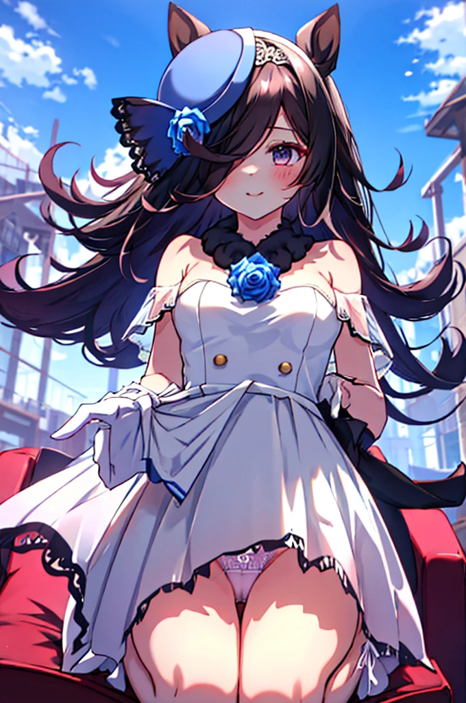 front view, ultra-detailed face, masutepiece, Best Quality, be standing, 1girl in, ((see-through sky blue wedding dress)), twin braids, white gloves, white shoes, full body, blue rose, rose hair ornaments, bare shoulders, bare knees, happy smile, ((skirt lift by)), (((showing panties))), half undress, with open chest, bottomless