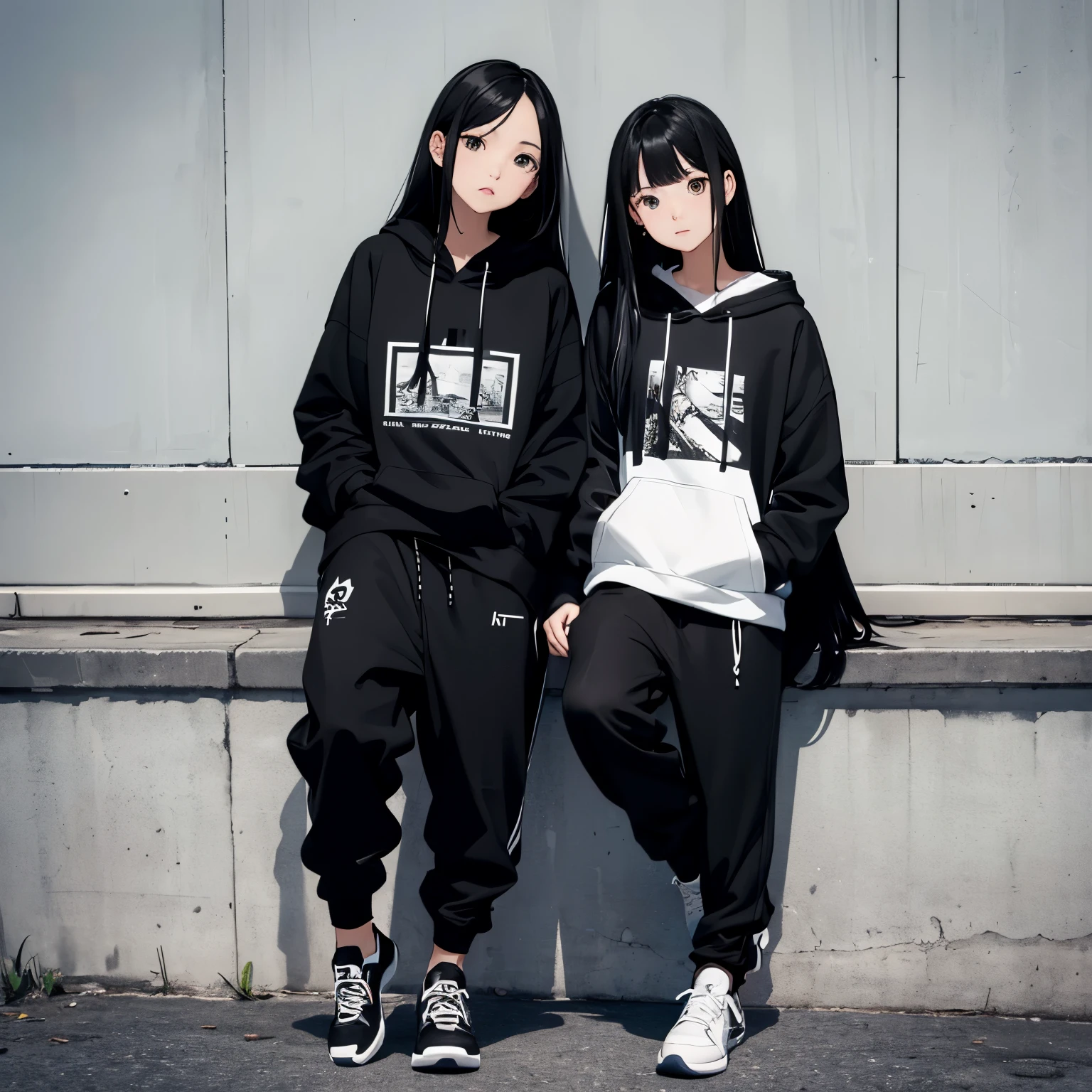 Two beautiful and cute girls, long black hair, black and white hoodie, trousers, sneakers, tall, decent, roadside, sit