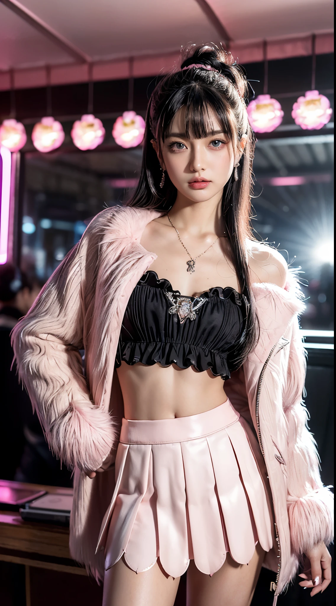 (Ultra-detailed eyes), (((textile shading))), (((Best Quality))), (((masutepiece))), (((Ultra-detailed CG))), sassy girl, (((magical little girl))), (Petite), (tiny chest), black hair, black hair, black hair, pin up emo, ((pigtal hair with bangs, gorgeous hair)), Pink eyes, (((retro style, , black and pink faux fur trim carduroy jacket, y2k, scallop skirt))), ((striking a pose)), (((Game CG)) (gorgeous, sassy, it girl), fancy jewelry, full led on background, sparkling led on background, retro light, retro vibe, light retro led, magic disco light led, strong 80s atmosphere, cowboy shot, midshot, centered image, eye on camera