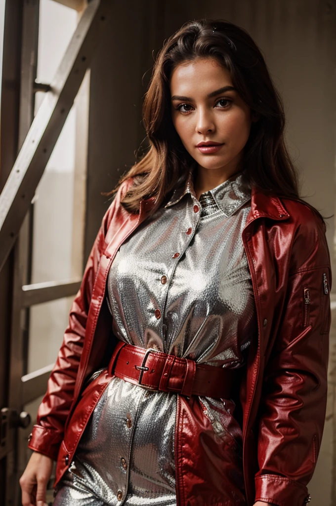 50 year woman, buttoned shiny red jacket, belted, photorealistic beautiful face