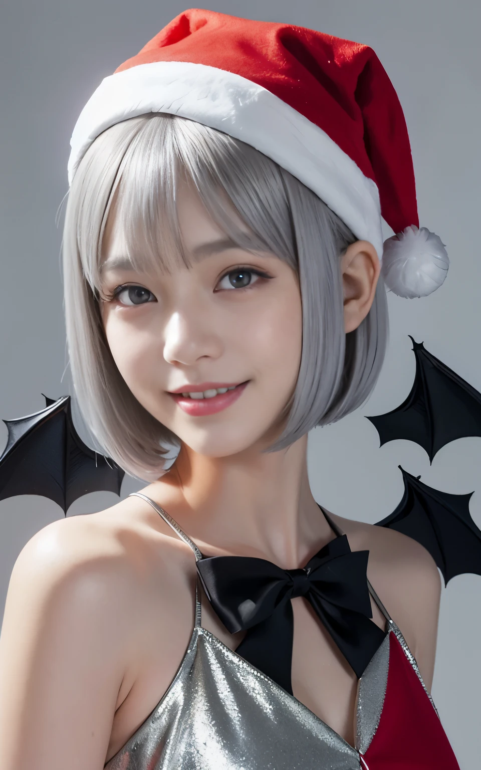top-quality, 8K, ultra-detailliert, Red Eyes, 1girl in, Devilish appearance, (silver hair in a bob cut:1.5), Eyes are red, eyes gentle, (Carefree smile:1.2), (Black bat wings grow:1.5), (Black cow horns grow:1.3), Black Devilless, (beautiful red santa dress:1.3), (Red Santa Hats:1.3), 独奏, Upper body, 12year old, child, (Christmas Background:1.3)