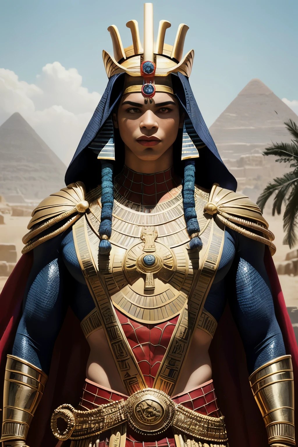 An intriguing fusion of Ancient Egyptian mythology and the iconic superhero Spiderman. The central figure is the god Horus, depicted in a red and gold suit that resembles Spiderman's traditional costume. However, Horus's helmet is replaced with the distinctive double crown of Upper and Lower Egypt, symbolizing his divine power and status as a protector. The suit is adorned with intricate gold and red hieroglyphics, representing ancient Egyptian symbols of strength, protection, and royalty. The background features an otherworldly landscape, reminiscent of the Egyptian afterlife, with towering pyramids and sphinxes in the distance. Horus stands confidently in a heroic pose, ready to defend the realm from any threat. His red and gold cobweb shooters, fashioned after traditional Egyptian jewelry, hang elegantly from his sides, emphasizing his unique blend of superhero and godly attributes. The portrait shot captures the essence of this unique character, highlighting the intricate details of his costume and the vibrant colors that bring the image to life., d&d, fantasy, highly detailed, digital painting, artstation, sharp focus, fantasy art, illustration, 8k, in the style of greg rutkowski