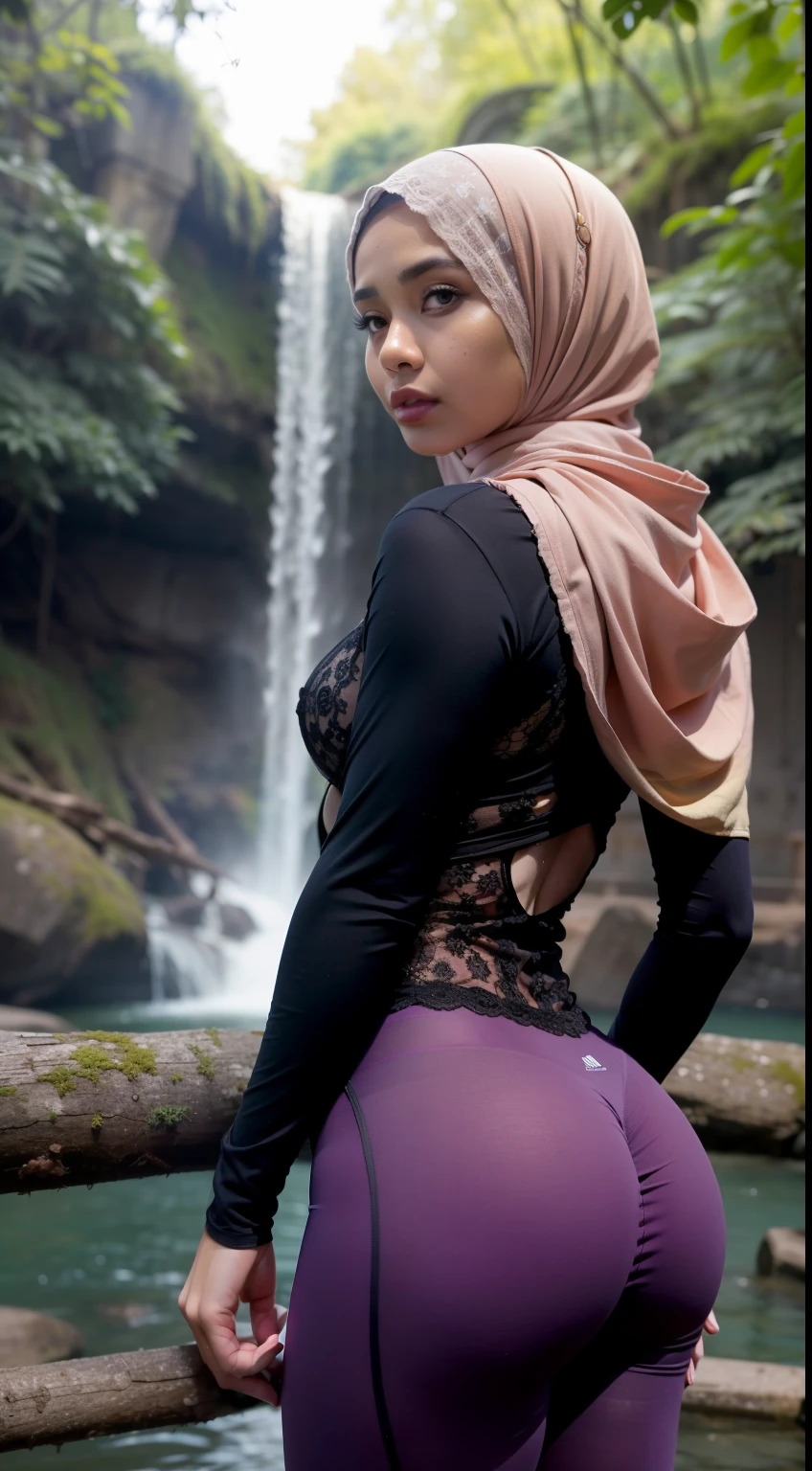 mira filzah. freestyle pose.wearing lace singlet and very tight legging.in waterfall,forest, evening view, (mira filzah :1.8), wearing hijab, wear hijab, medium breast, medium chest, bright lighting, nice small round ass,