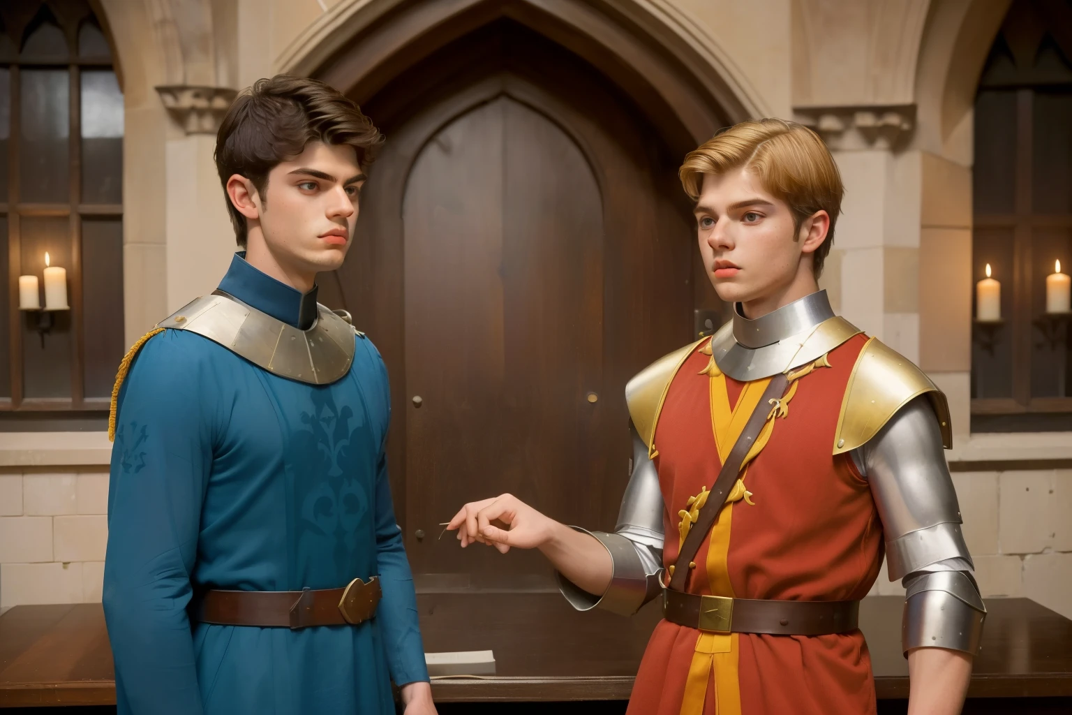 1140, Winchester, England. otherworldly scene in a medieval palace, ((((17-year-old)) Matthew Daddario)), with ((((23-year-old)) Hunter Parrish)), knights, arguing, figthing, angry, hate, ((((tunic from the 12th century)))), ((Hairstyle of the 12th century)), ((Wes Anderson cinematic style)), colorful
